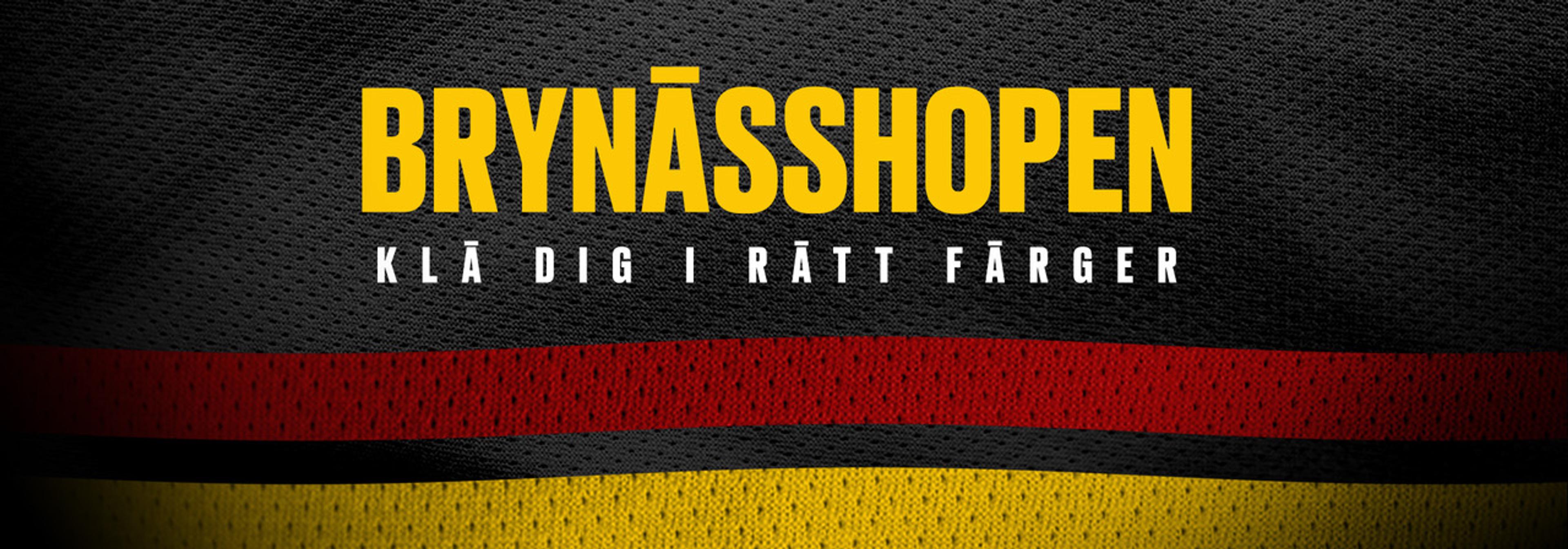 Banner with yellow text "BRYNÄSSHOPEN" and white text "KLÄ DIG I RÄTT FÄRGER" on a black, red, and yellow striped background.