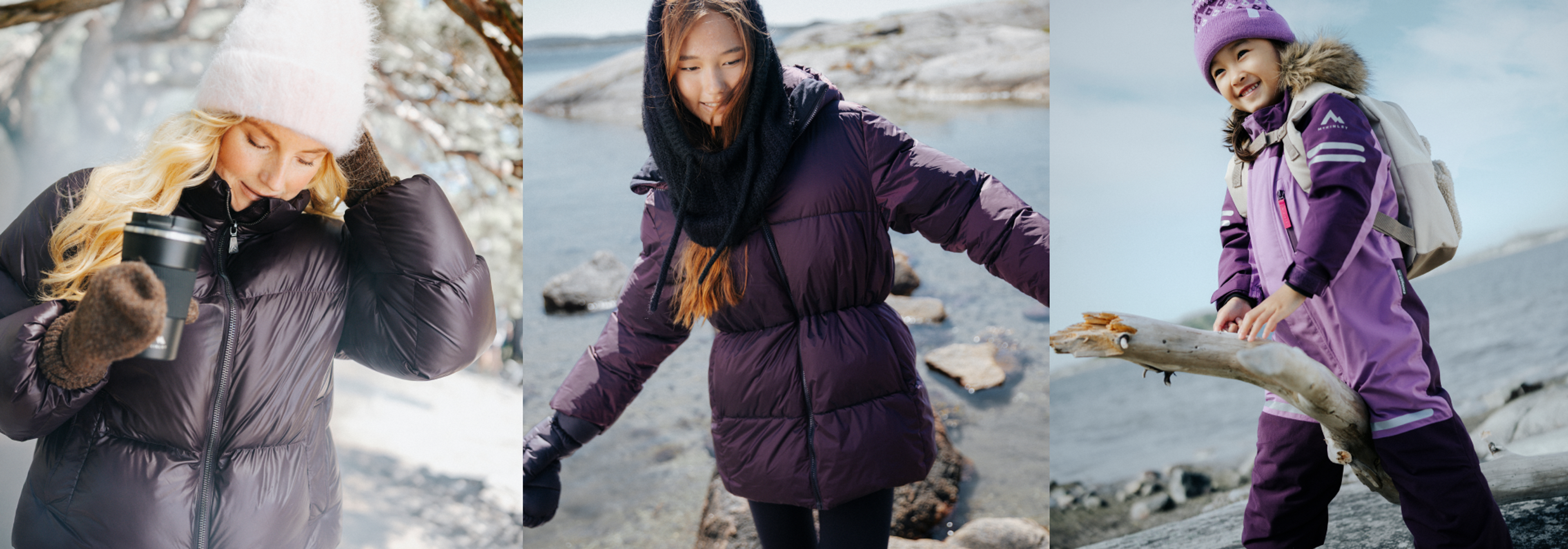 Collage of three outdoor scenes: a woman in a brown puffer jacket, a woman in a purple puffer jacket, and a child in a purple snowsuit.
