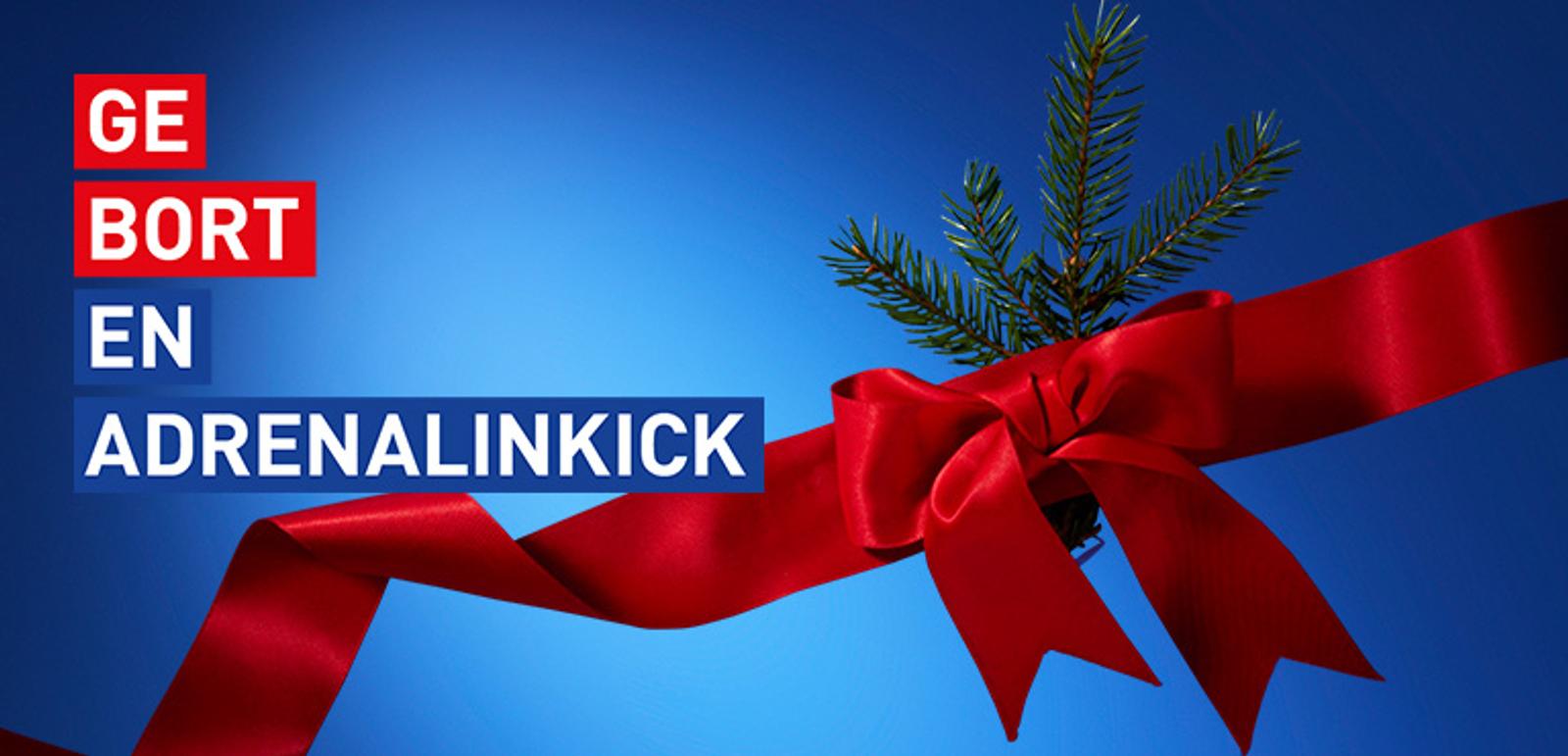 Red ribbon bow with a pine sprig on a blue background, overlaid with text "GE BORT EN ADRENALINKICK".