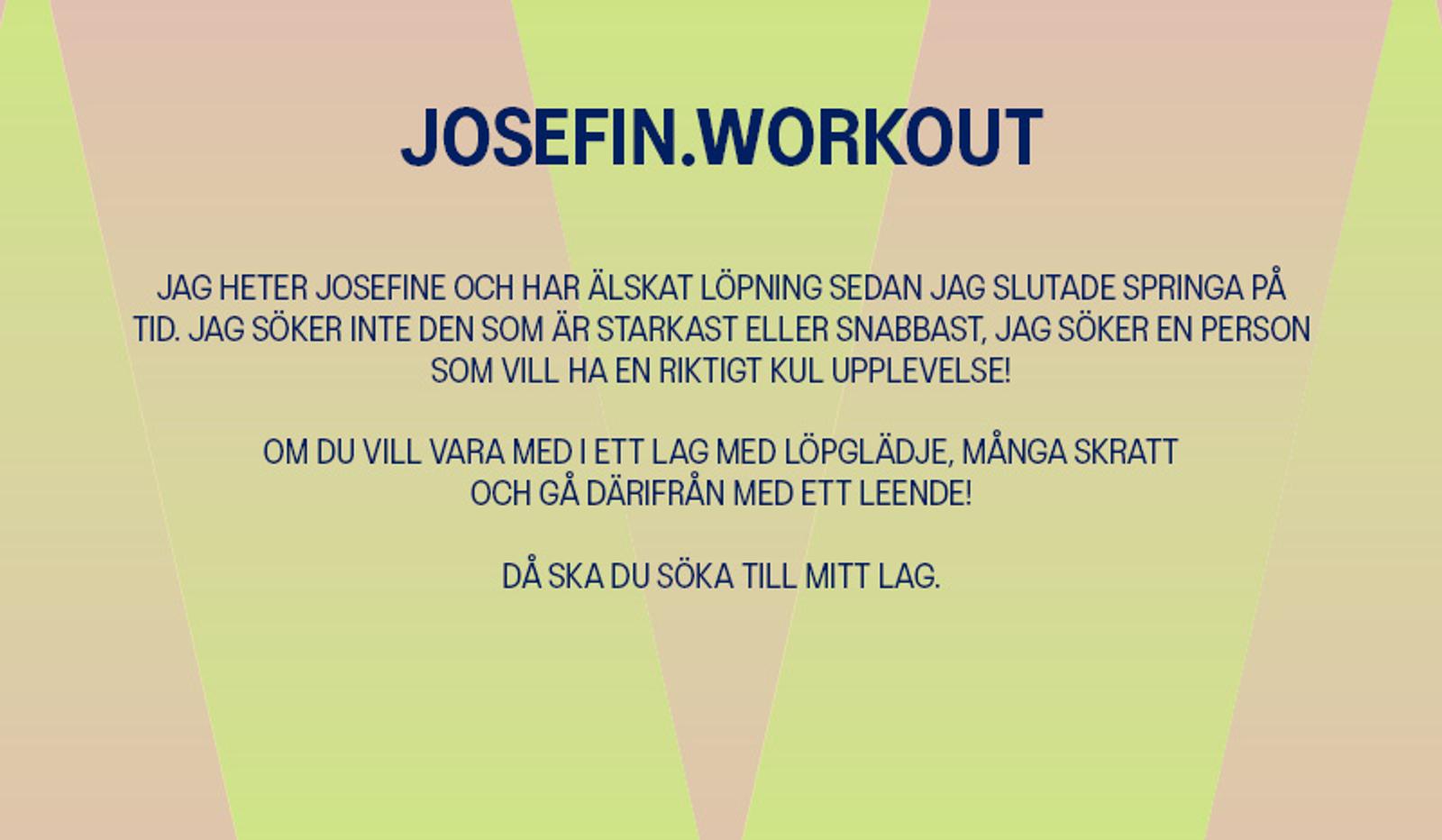 Text on a pale green background, titled "JOSEFIN.WORKOUT", inviting people to a running team focused on fun, joy, and laughter, not speed or strength.