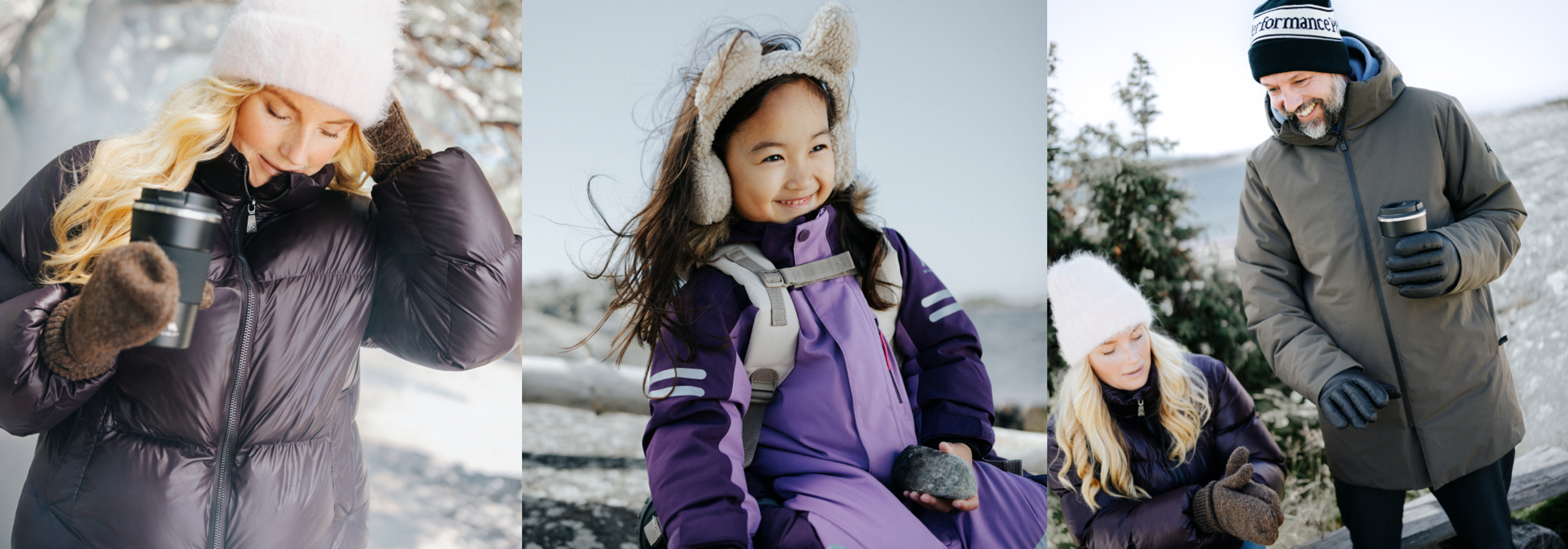 People of various ages dressed in winter gear, some holding reusable cups, in snowy outdoor settings.