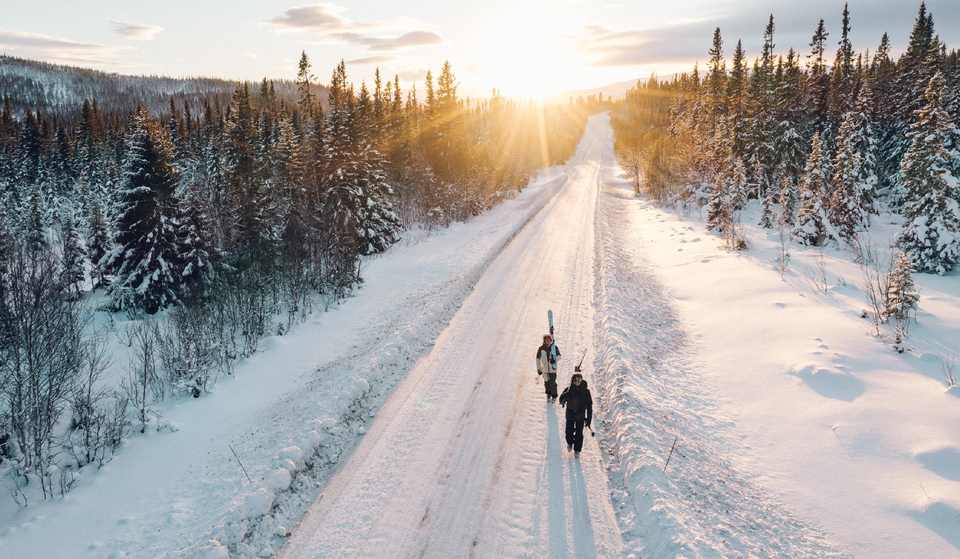 Two skiers walk on a snow-covered road through a pine forest at sunset.