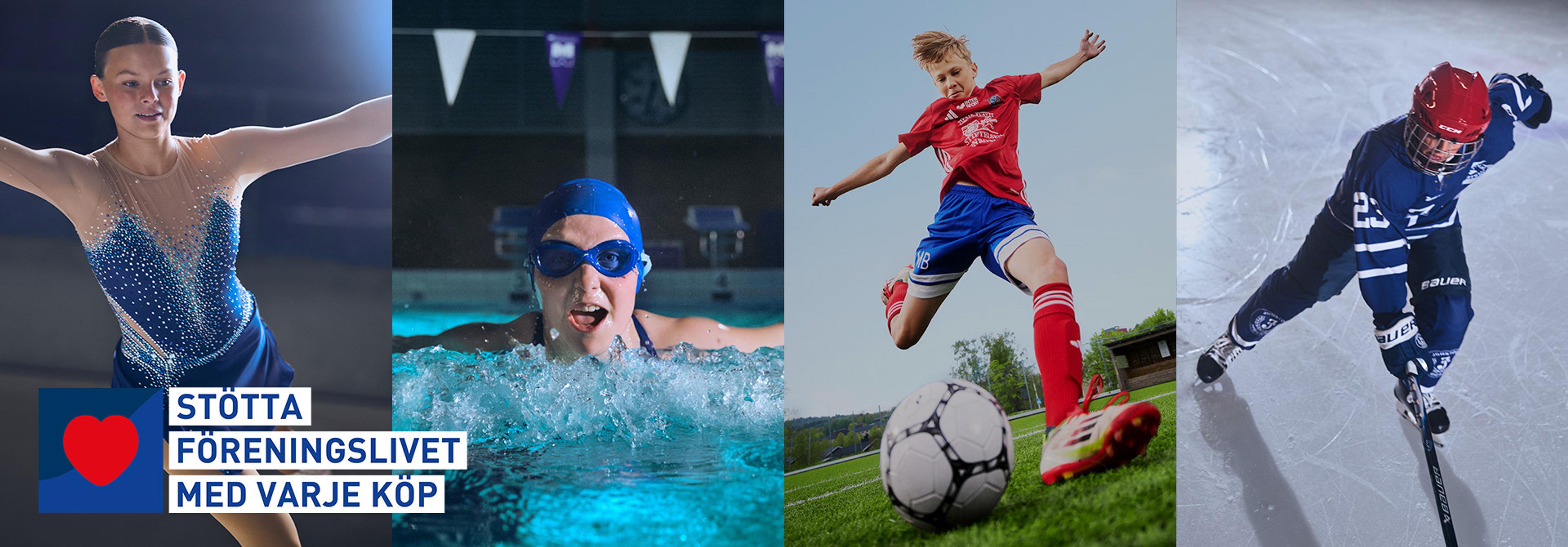 Collage of youth playing figure skating, swimming, soccer, and ice hockey, with text "Support club life with every purchase."