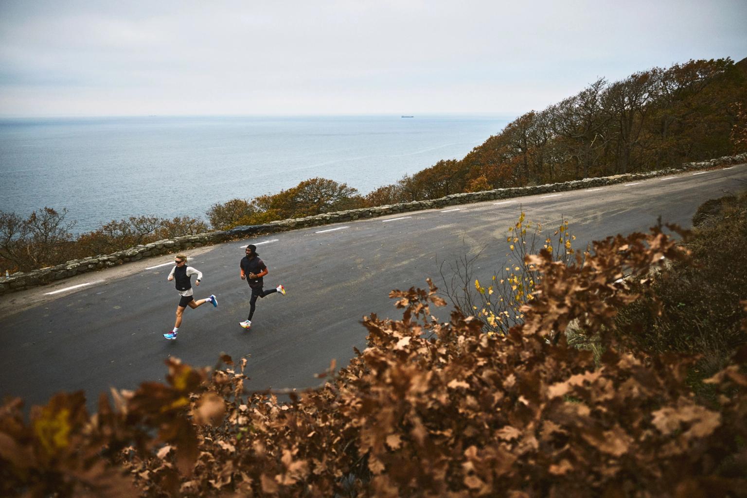 Two runners on a winding coastal road with autumn foliage.