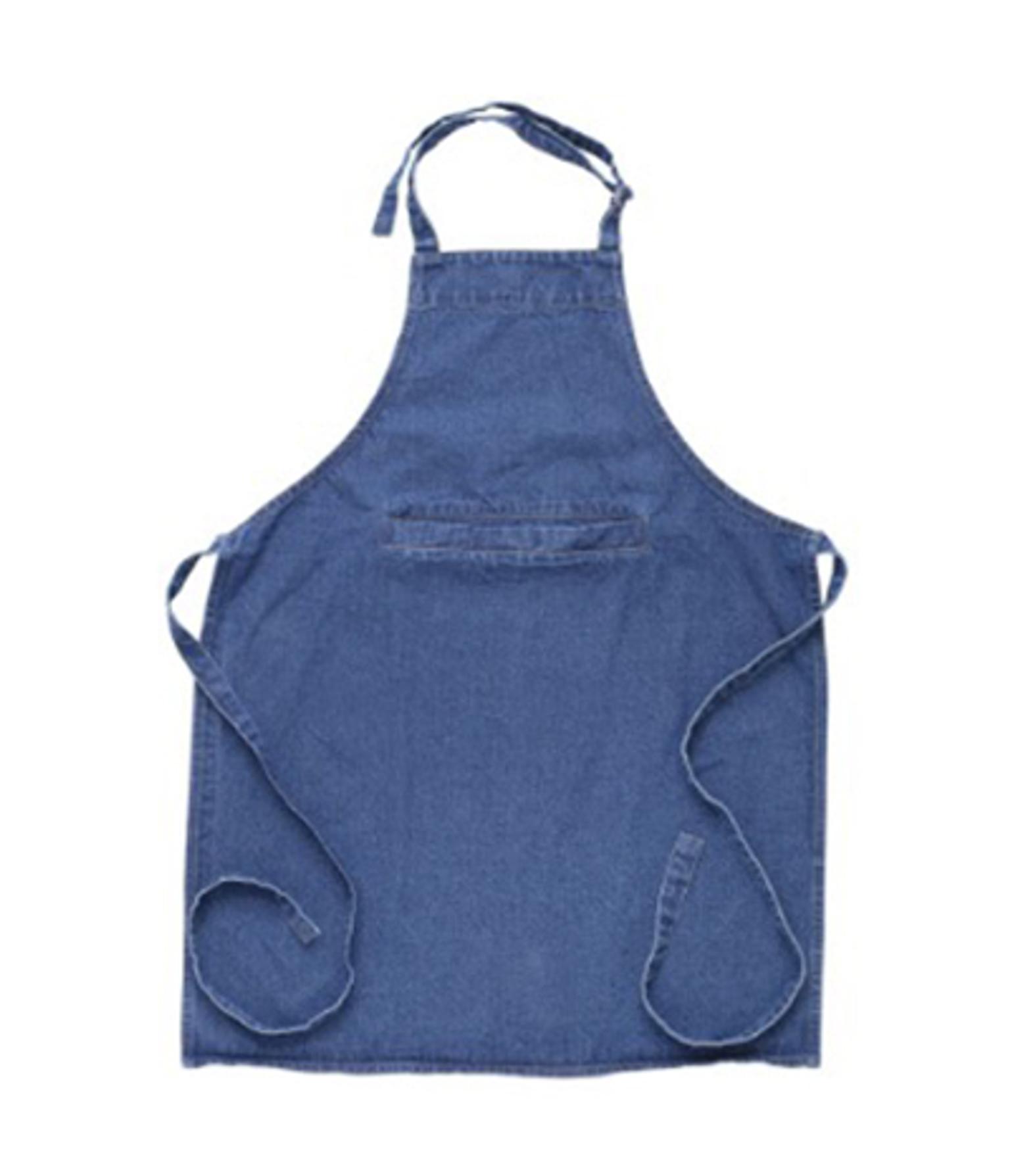 a blue denim apron with a pocket on the front
