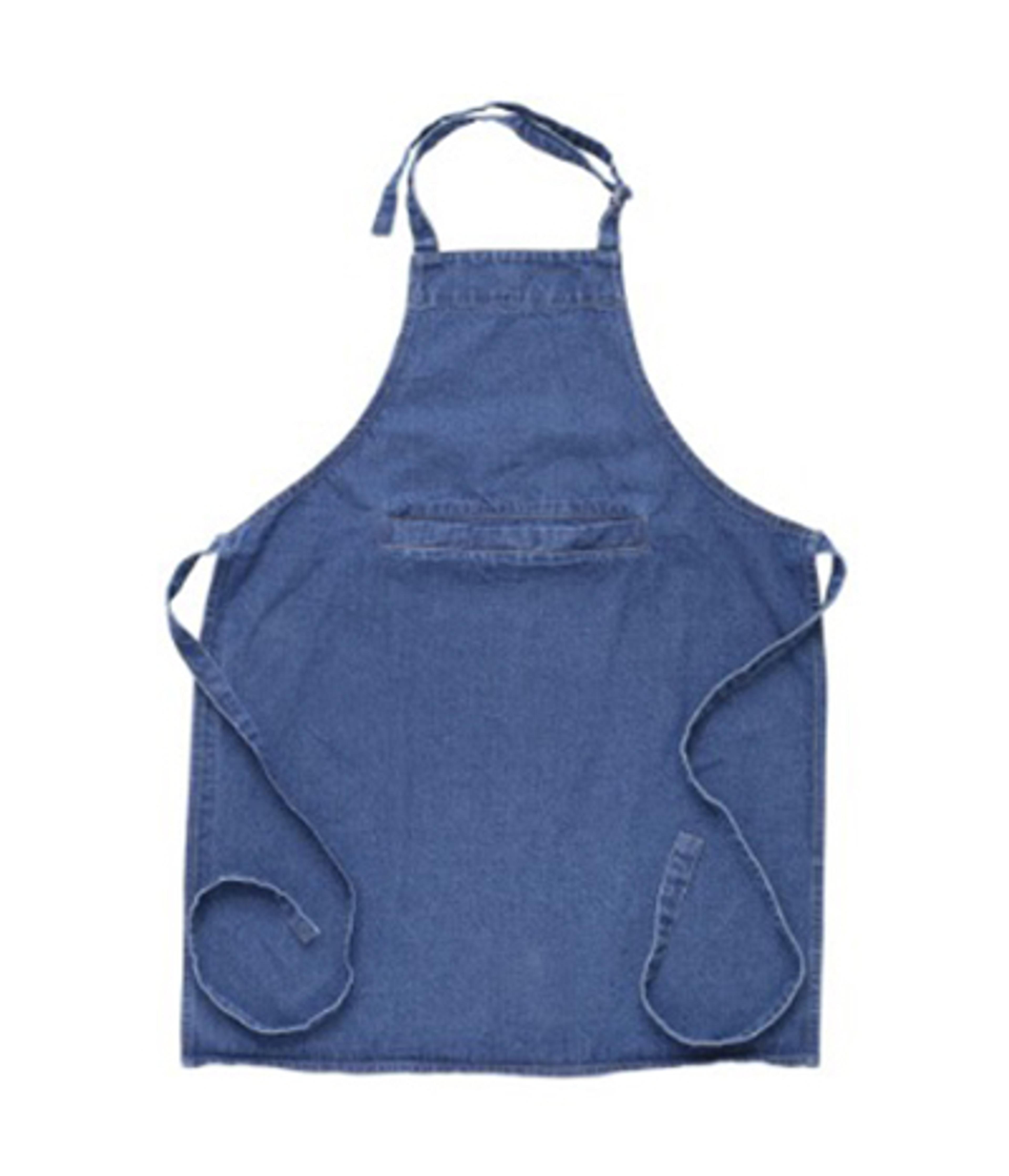 a blue denim apron with a pocket on the front