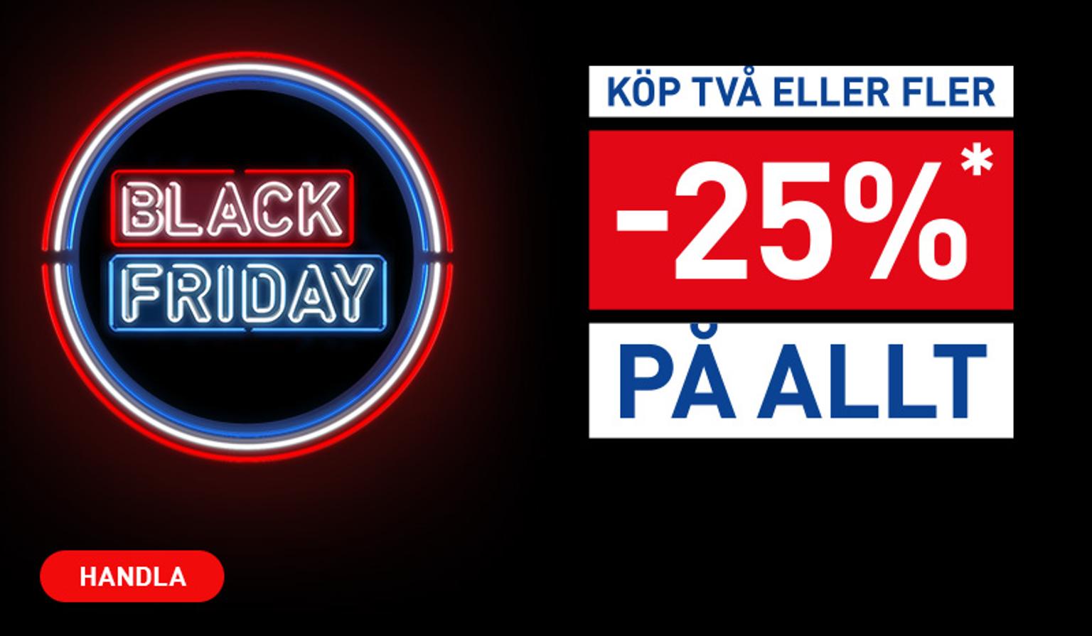 Black Friday ad with neon text and a promotion for 25% off everything when buying two or more items, plus a "Shop" button.