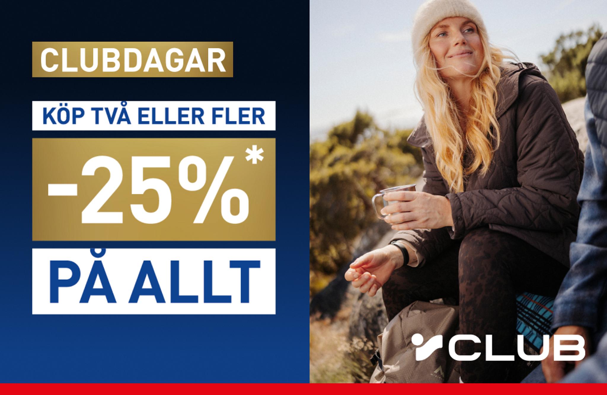 Club Days offer: 25% off everything when buying two or more items, shown with a woman in a jacket and beanie outdoors.