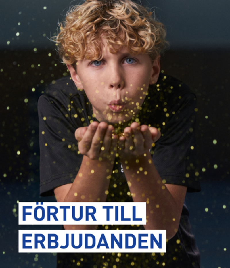 A young person blows golden glitter from cupped hands. Text: FÖRTUR TILL ERBJUDANDEN.
