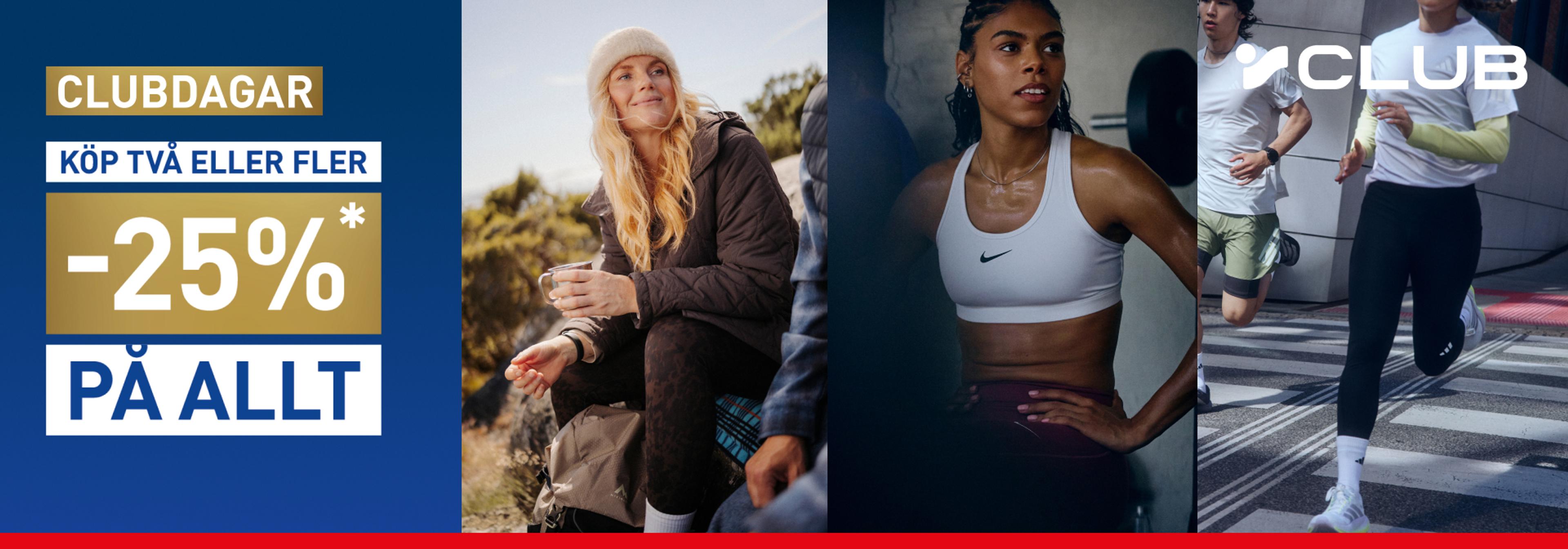 Club Days advertisement offering 25% off everything when buying two or more items, with images of people in athletic and outdoor clothing.