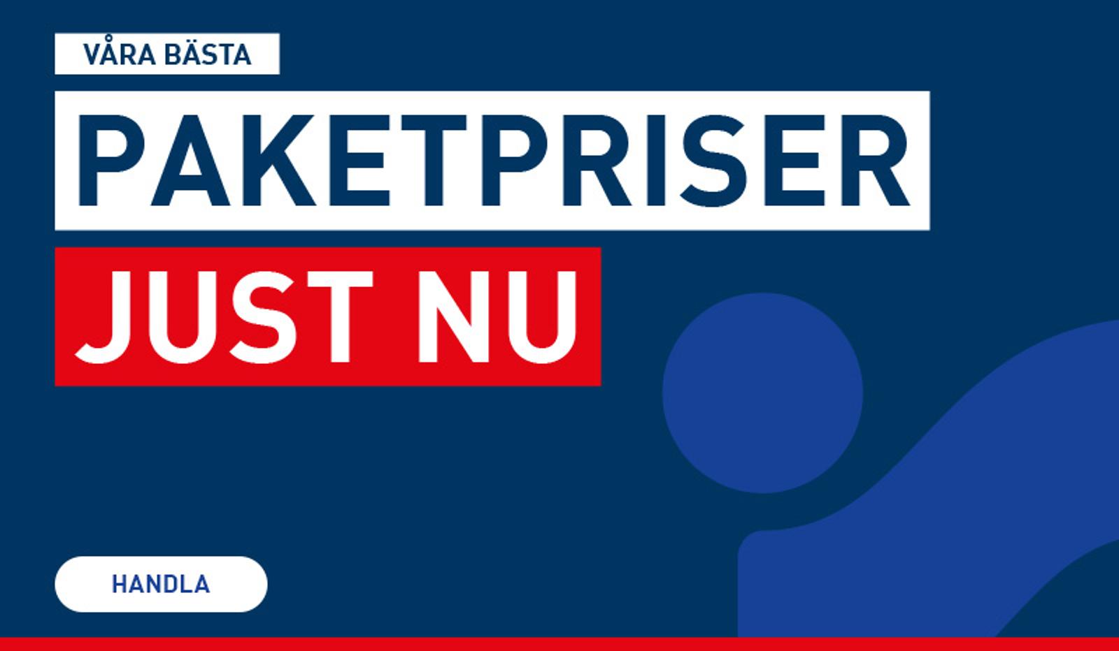 a blue and red banner with the words paketpriser just nu on it .