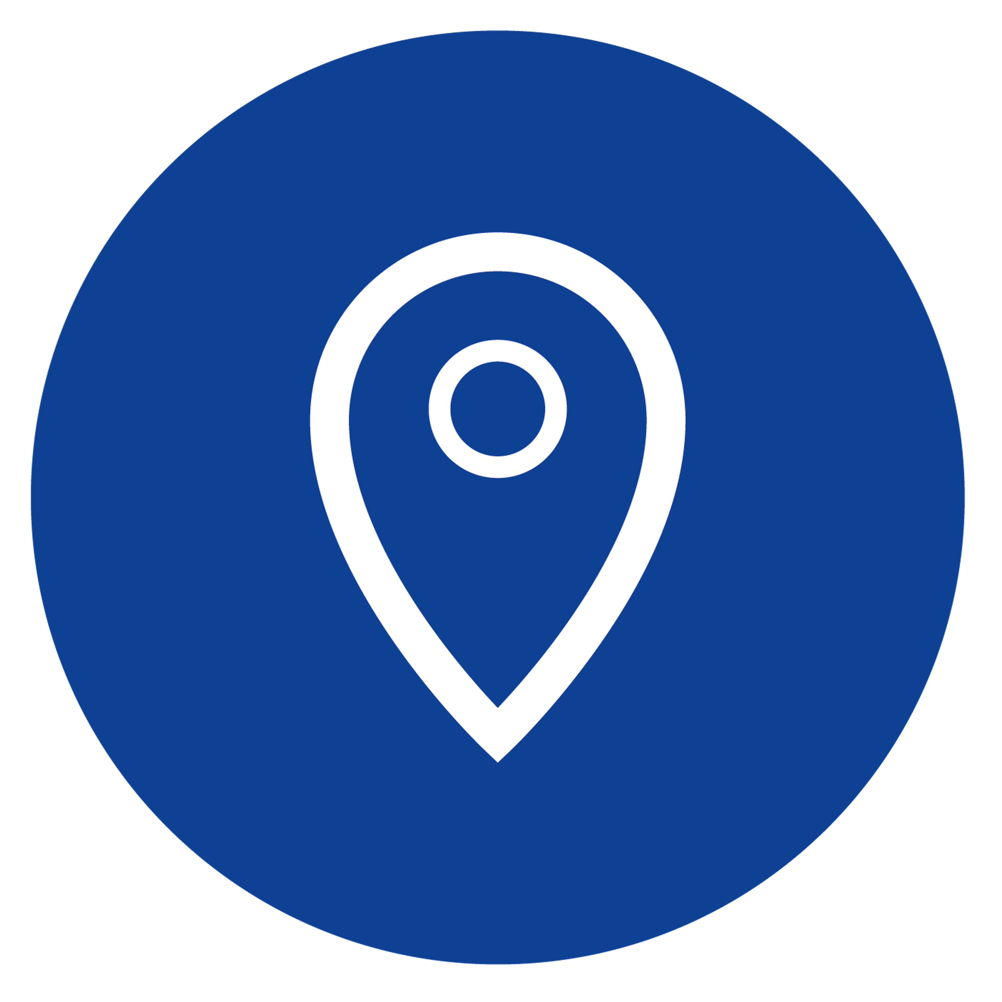 a white map pin in a blue circle on a black background
