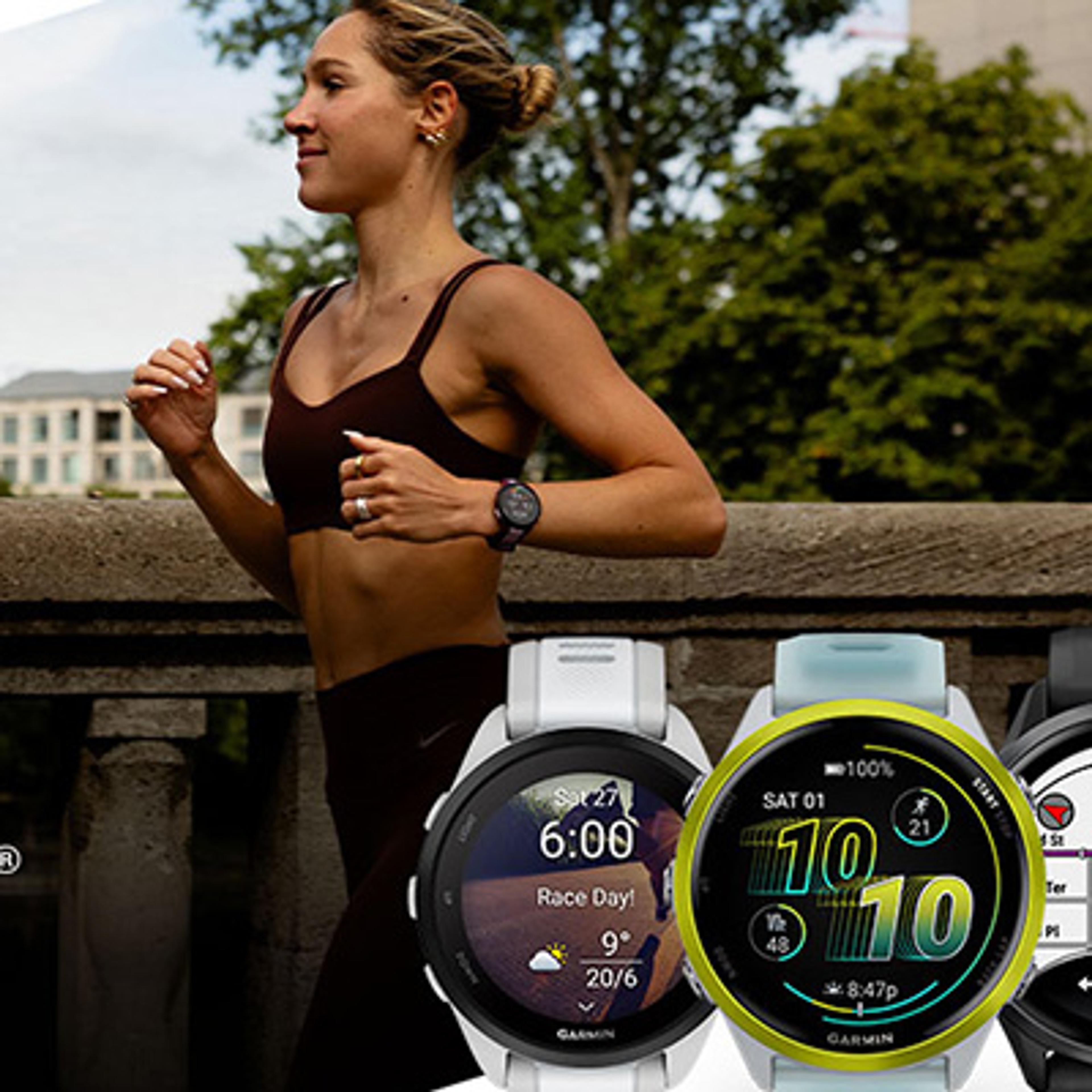 A woman running in sports attire with three smartwatches in white, mint, and black displayed in the foreground, each showing a different watch face.