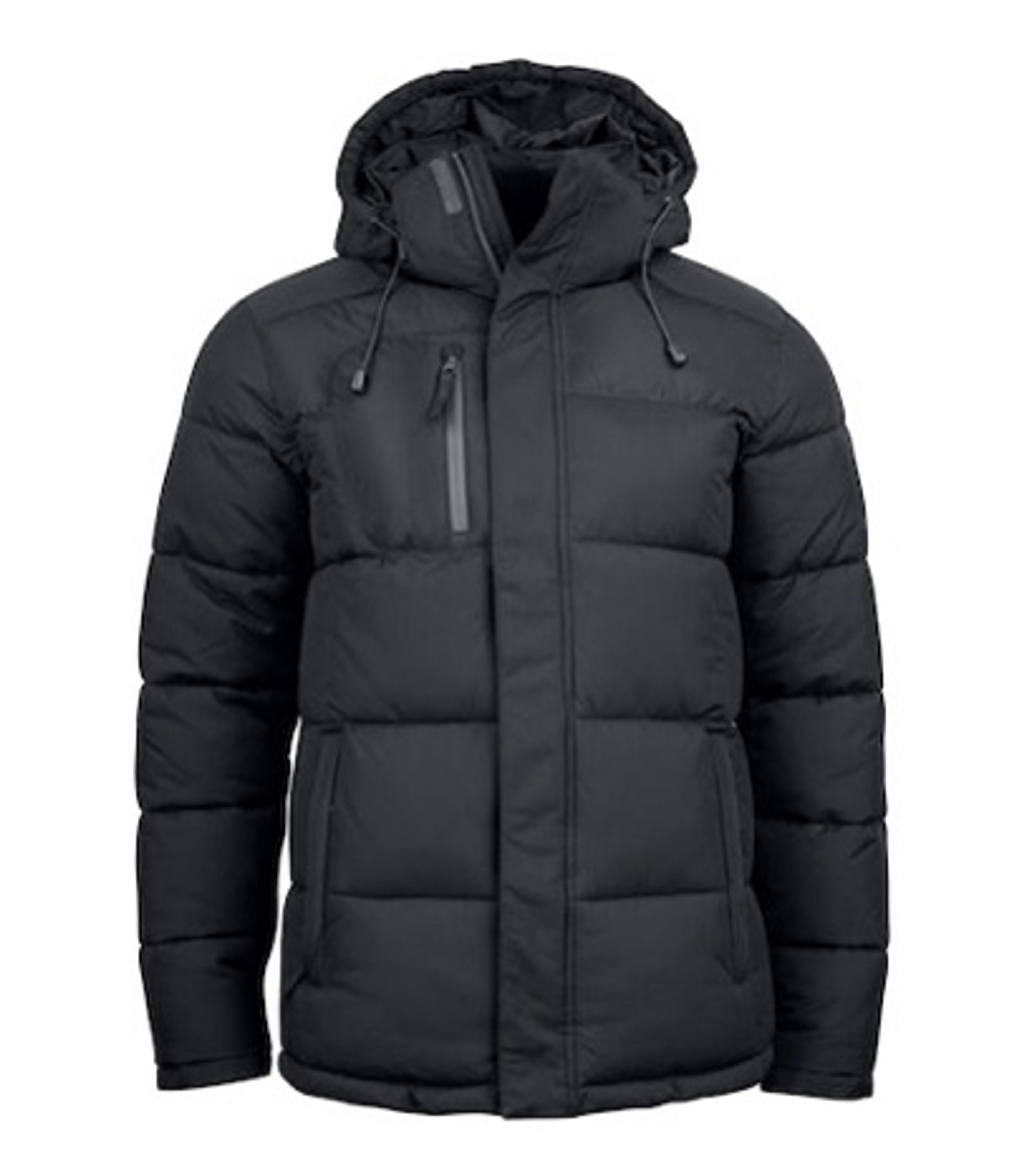 a black padded jacket with a hood on a white background .