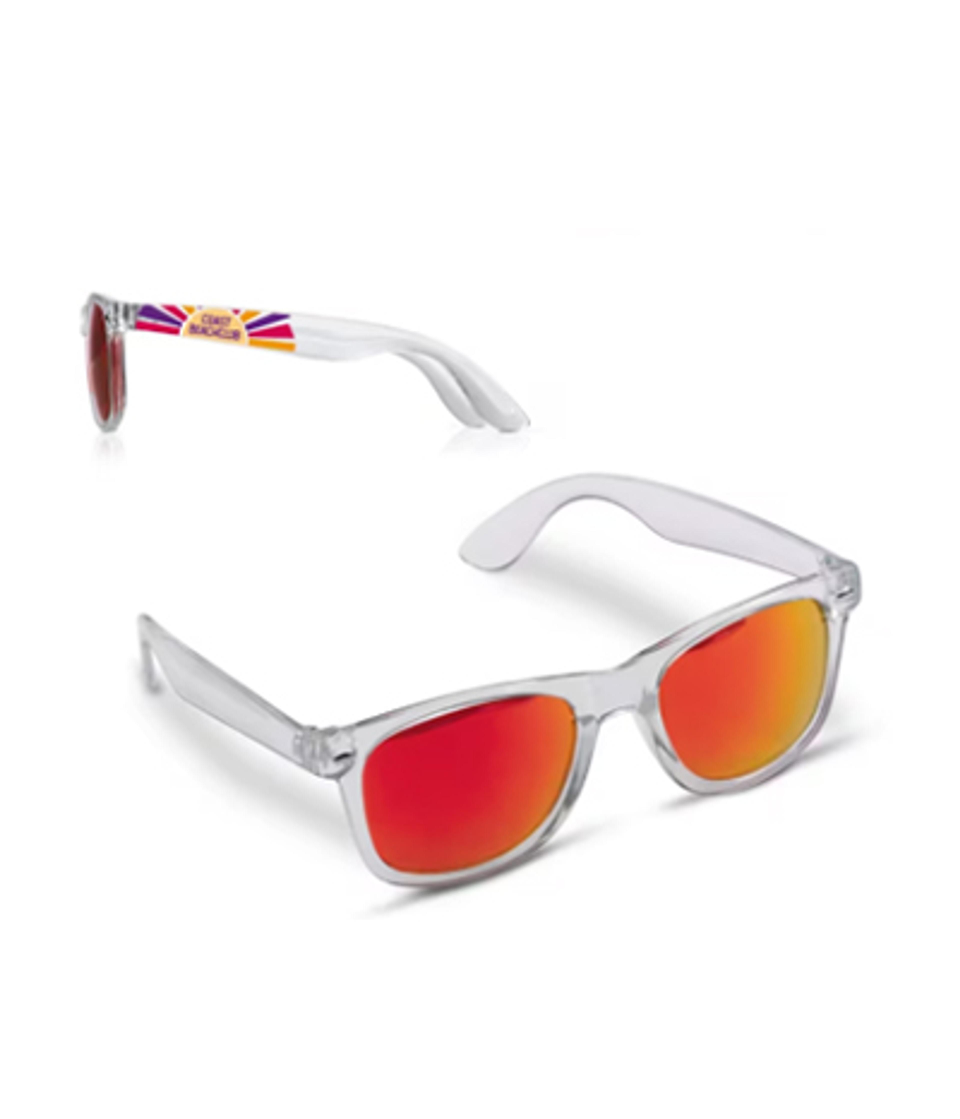 a pair of clear sunglasses with red lenses on a white background .