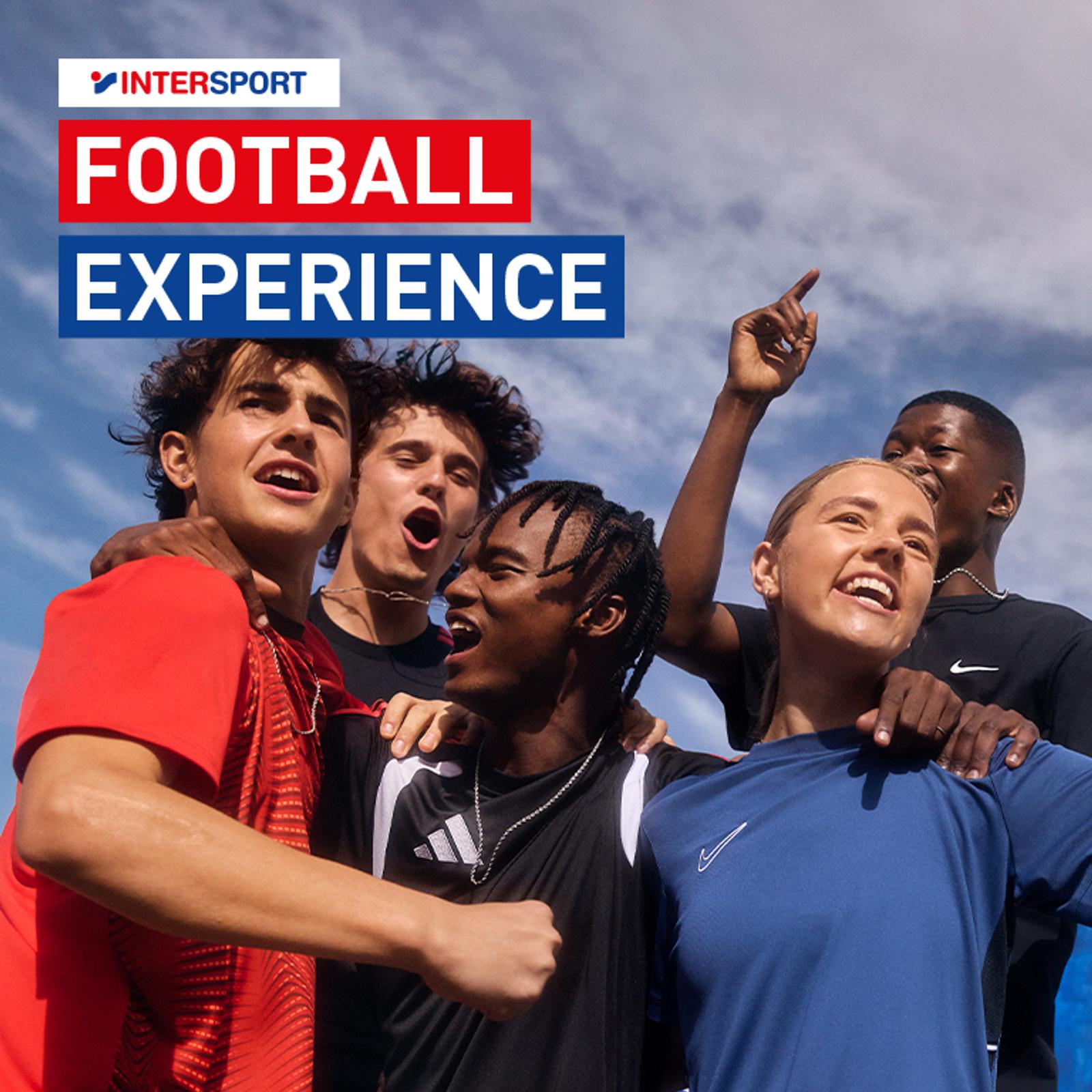 A group of diverse young people in sports gear, laughing and cheering, with the text "INTERSPORT FOOTBALL EXPERIENCE".