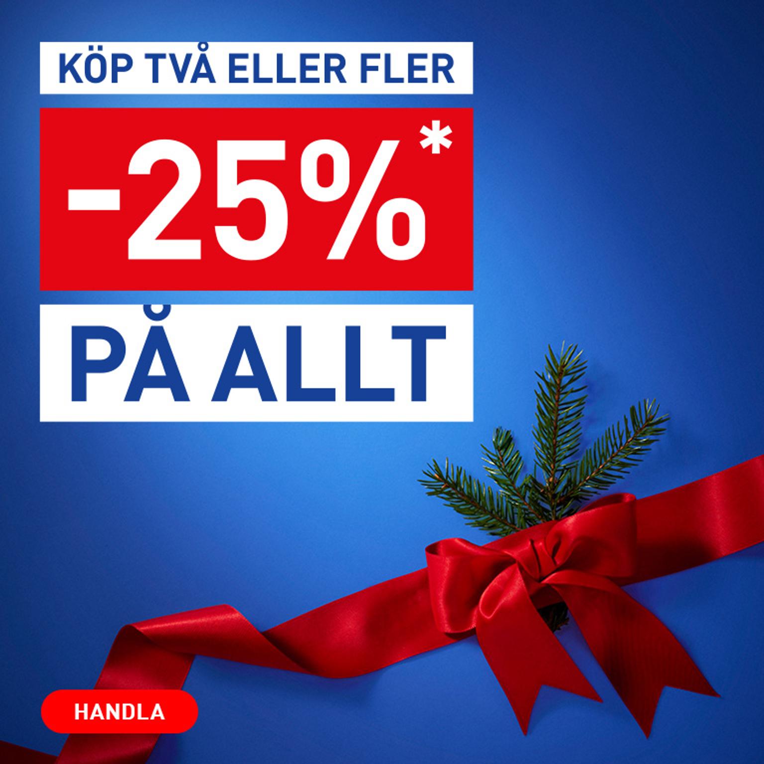 A festive promotion: Buy two or more, get 25% off everything. Features a red ribbon, fir sprig, and 'Shop' button on a blue background.