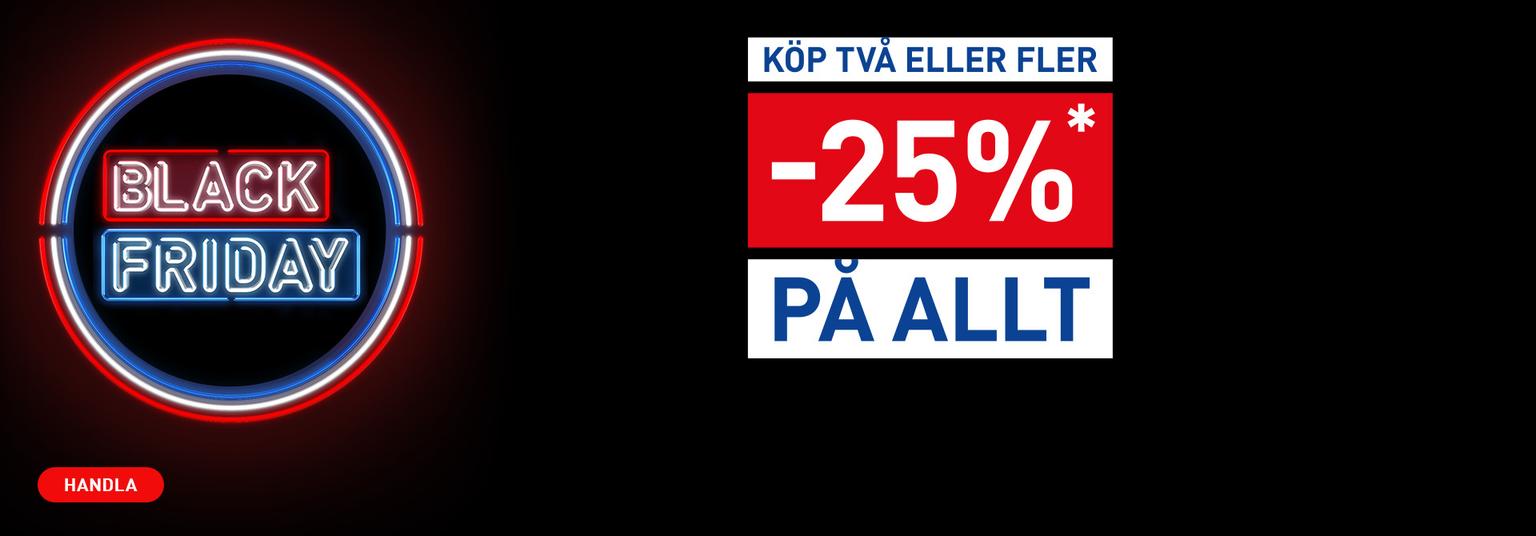 Black Friday ad: 25% off everything when buying two or more items, with a 'Shop' button.