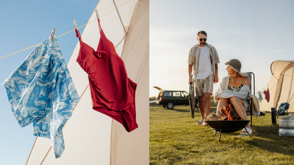 Swimwear drying on a line and a couple camping by a fire pit.