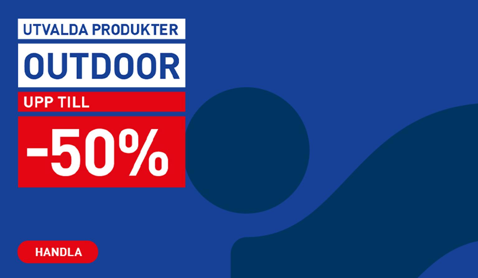 a blue background with a red and white sign that says -50 % on it .