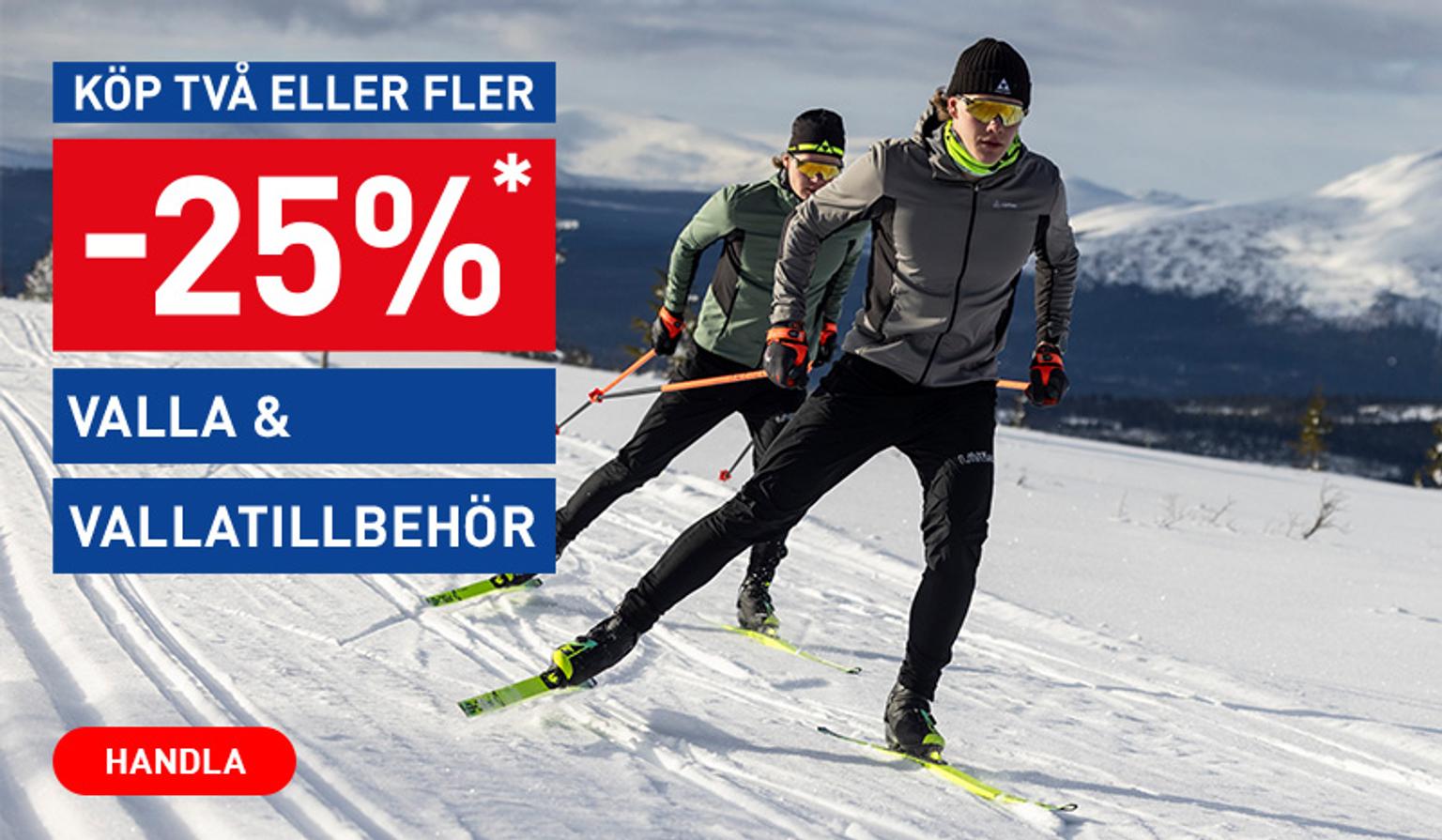 Two cross-country skiers on a snowy trail, with a promotional overlay for 25% off ski wax and accessories when buying two or more.