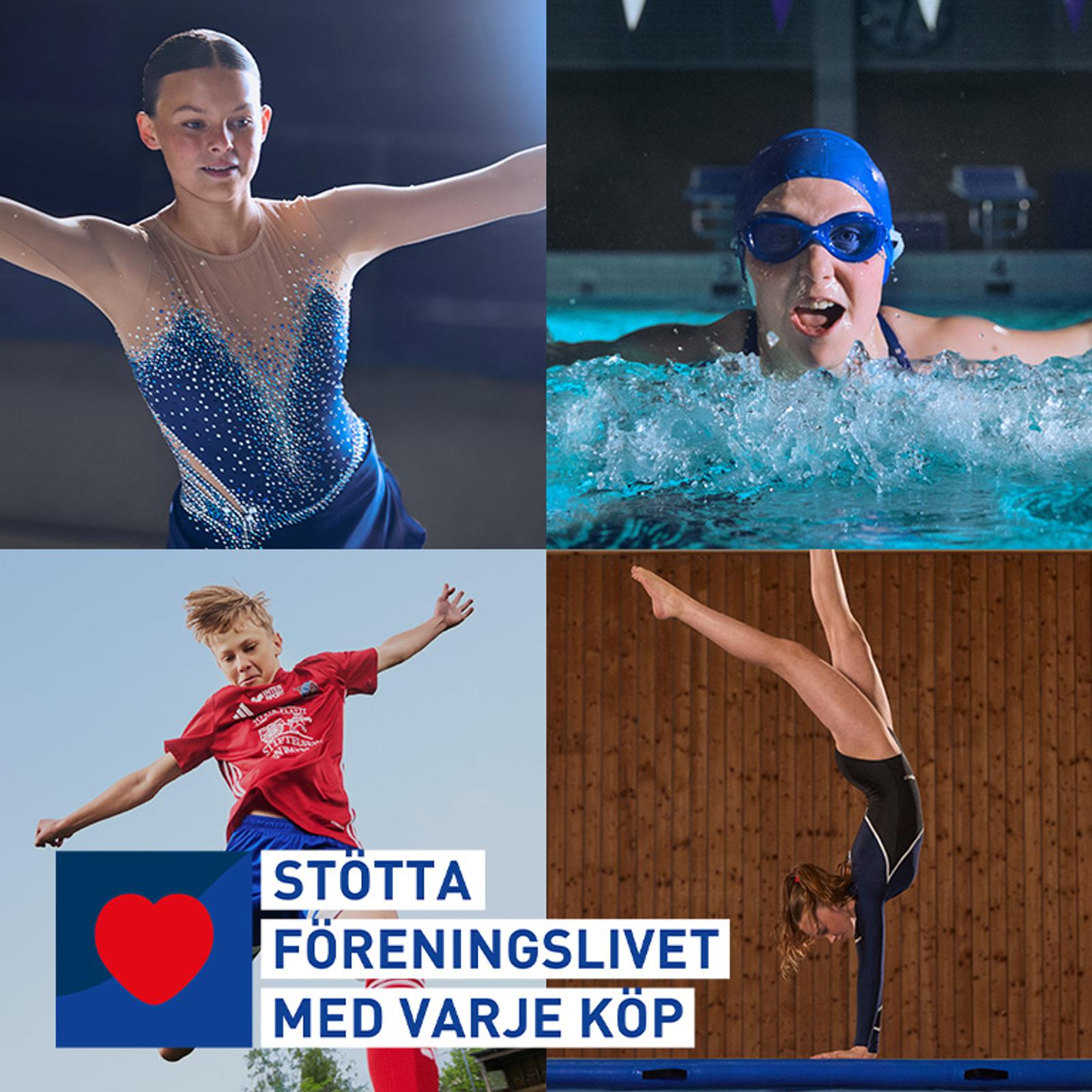 Collage of four athletes (figure skater, swimmer, boy jumping, gymnast) with text "Support club life with every purchase".