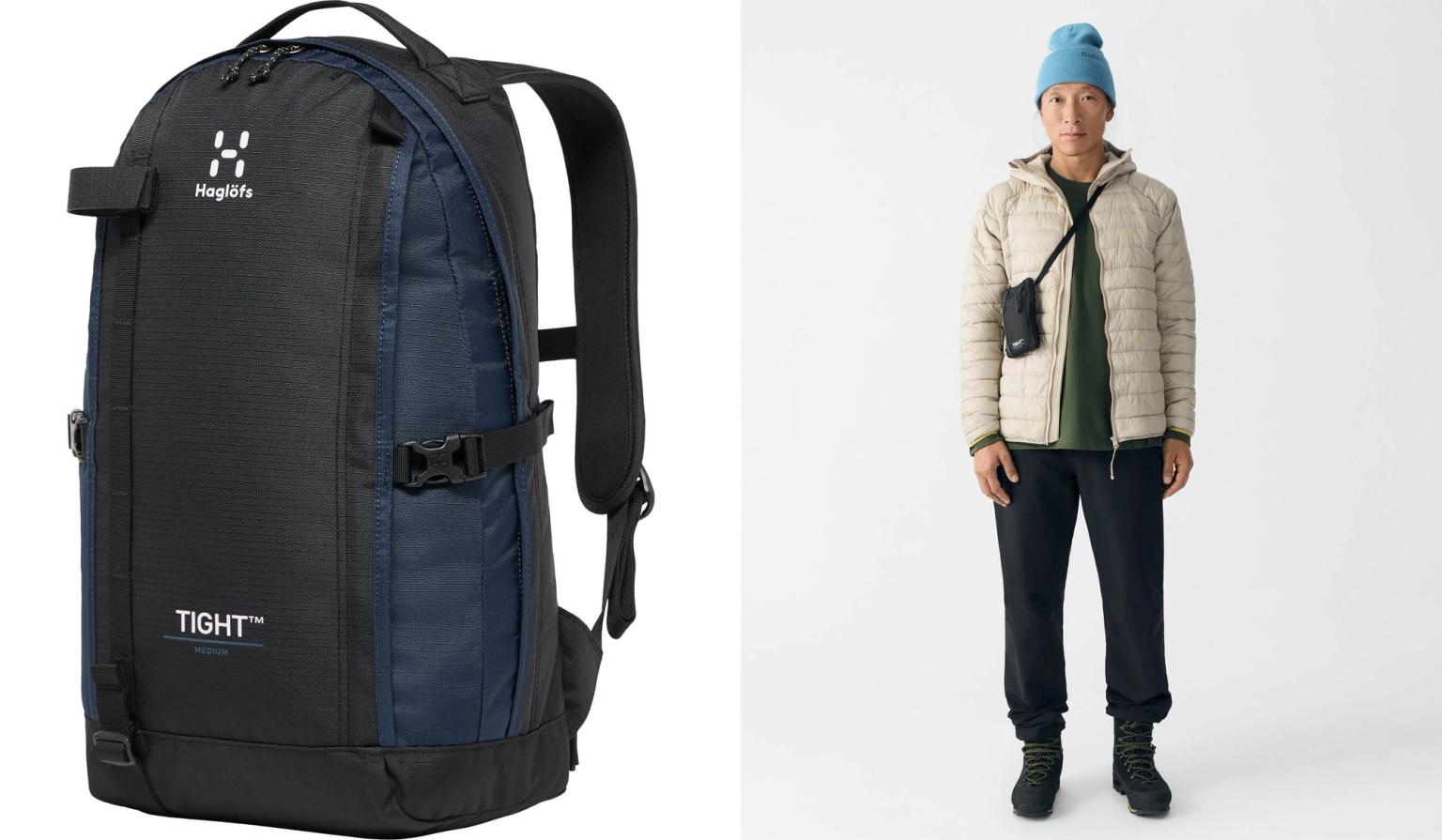 a picture of a backpack and a picture of a man wearing a jacket .