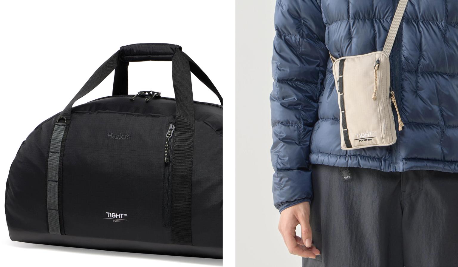 a black duffel bag and a person wearing a blue jacket .