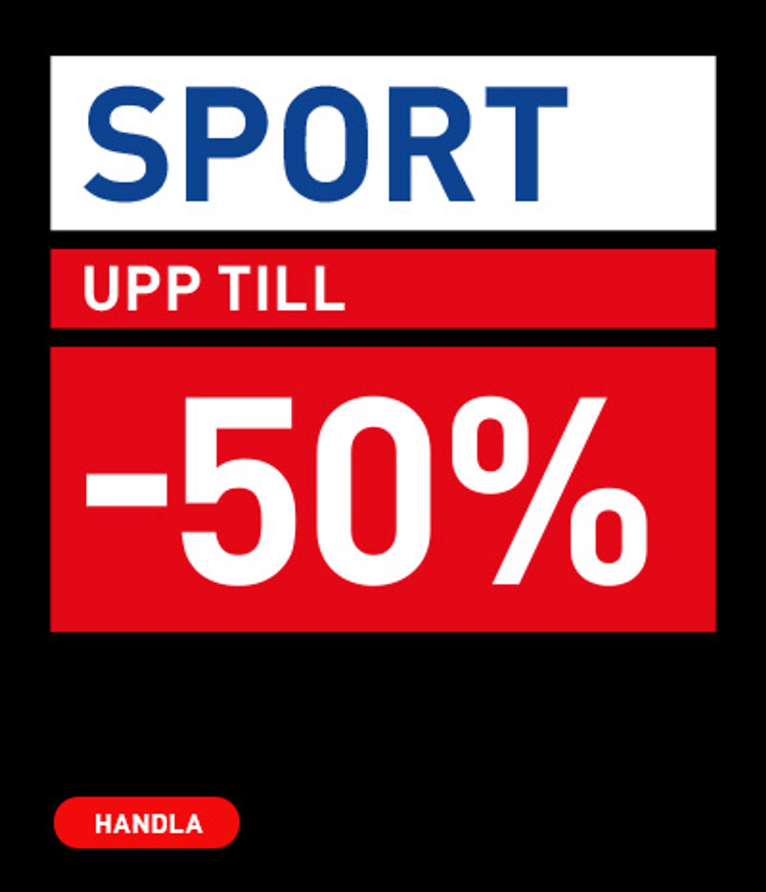 Sport sale graphic: Up to 50% off on sports items, with a "Shop" button.