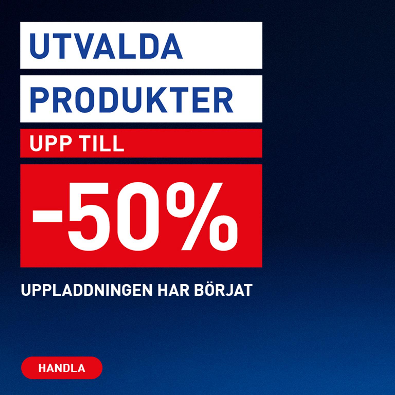 Swedish sale advertisement: "Selected Products, Up to -50%". Text below reads "The loading has begun" and a "Shop" button.
