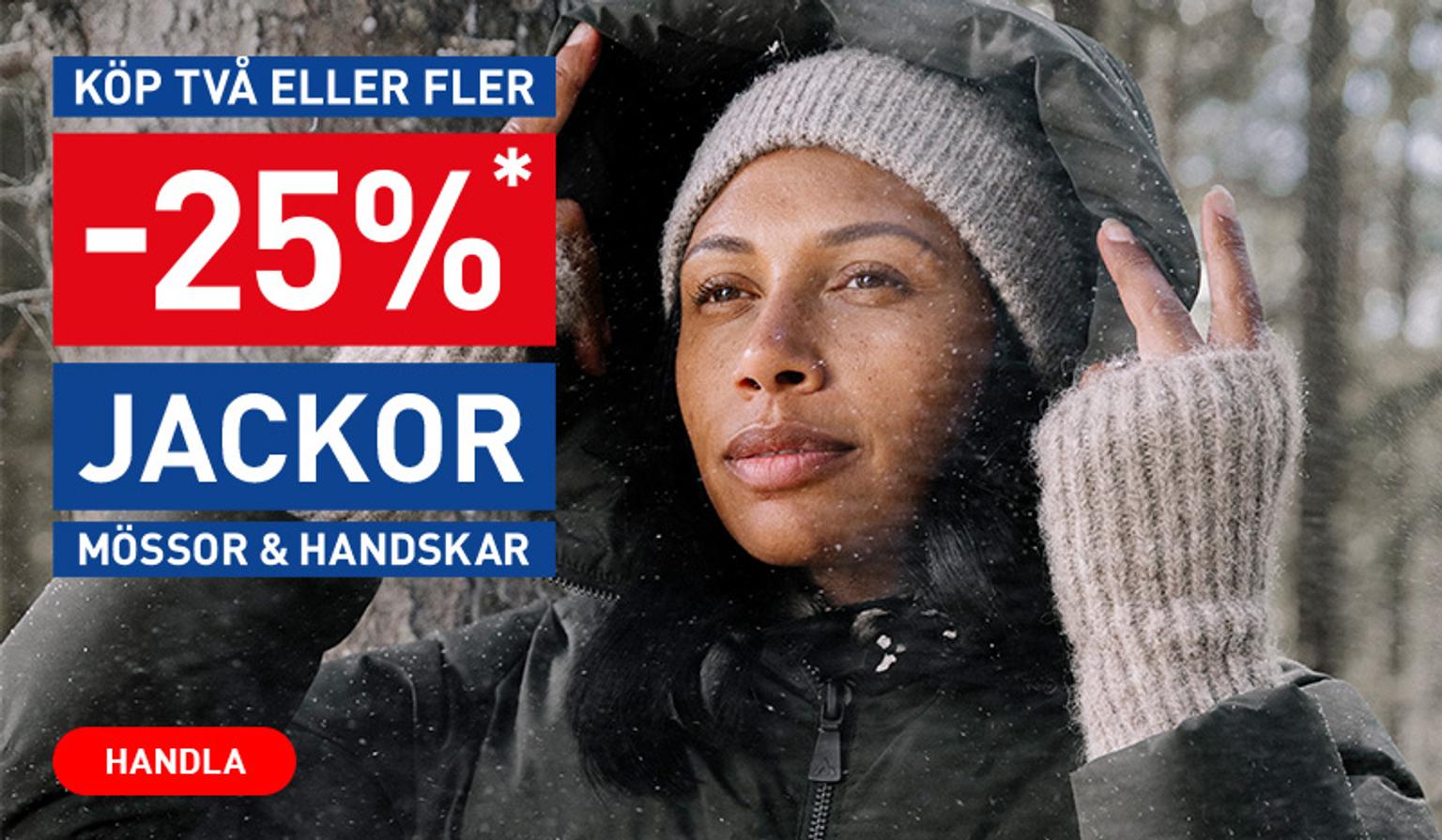 Woman in winter clothes, snowy background. Text: 25% off jackets, hats, & gloves when buying two or more.