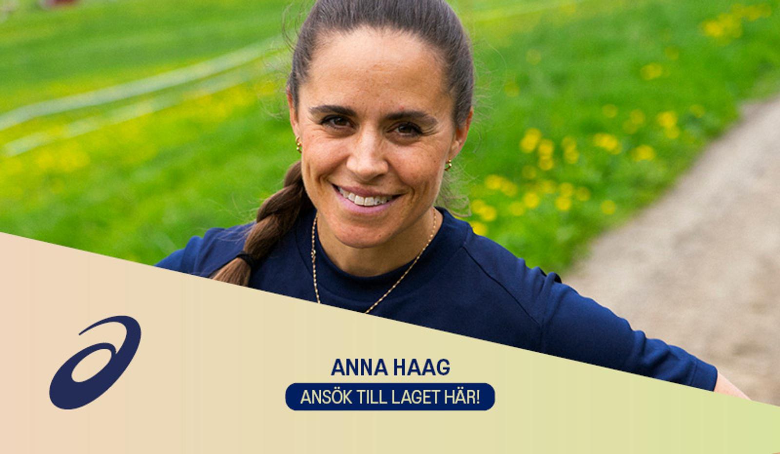 Anna Haag smiling outdoors with the Asics logo and text "Apply to the team here!".