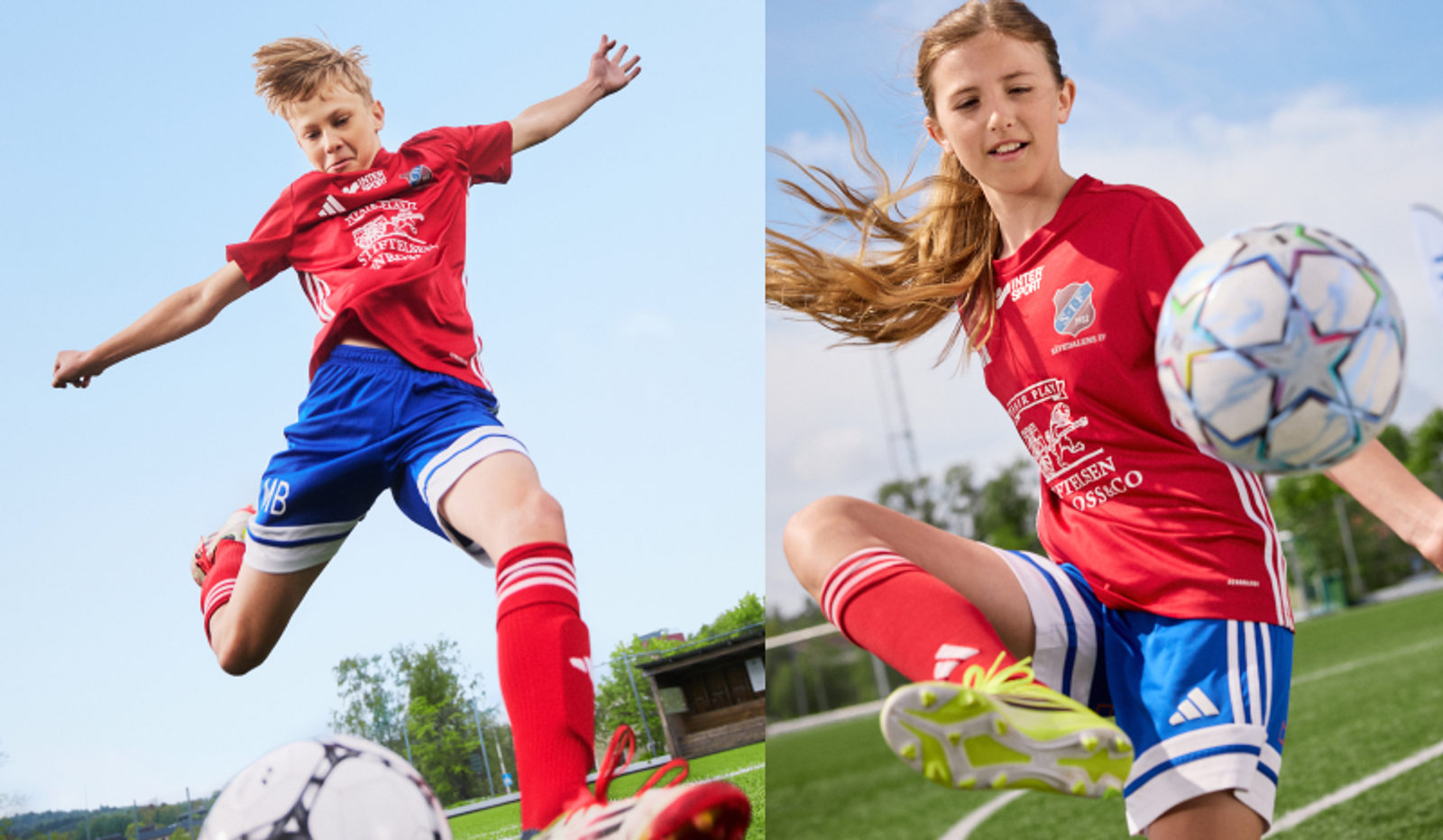 A split image shows a boy kicking a soccer ball and a girl juggling a soccer ball on a field.