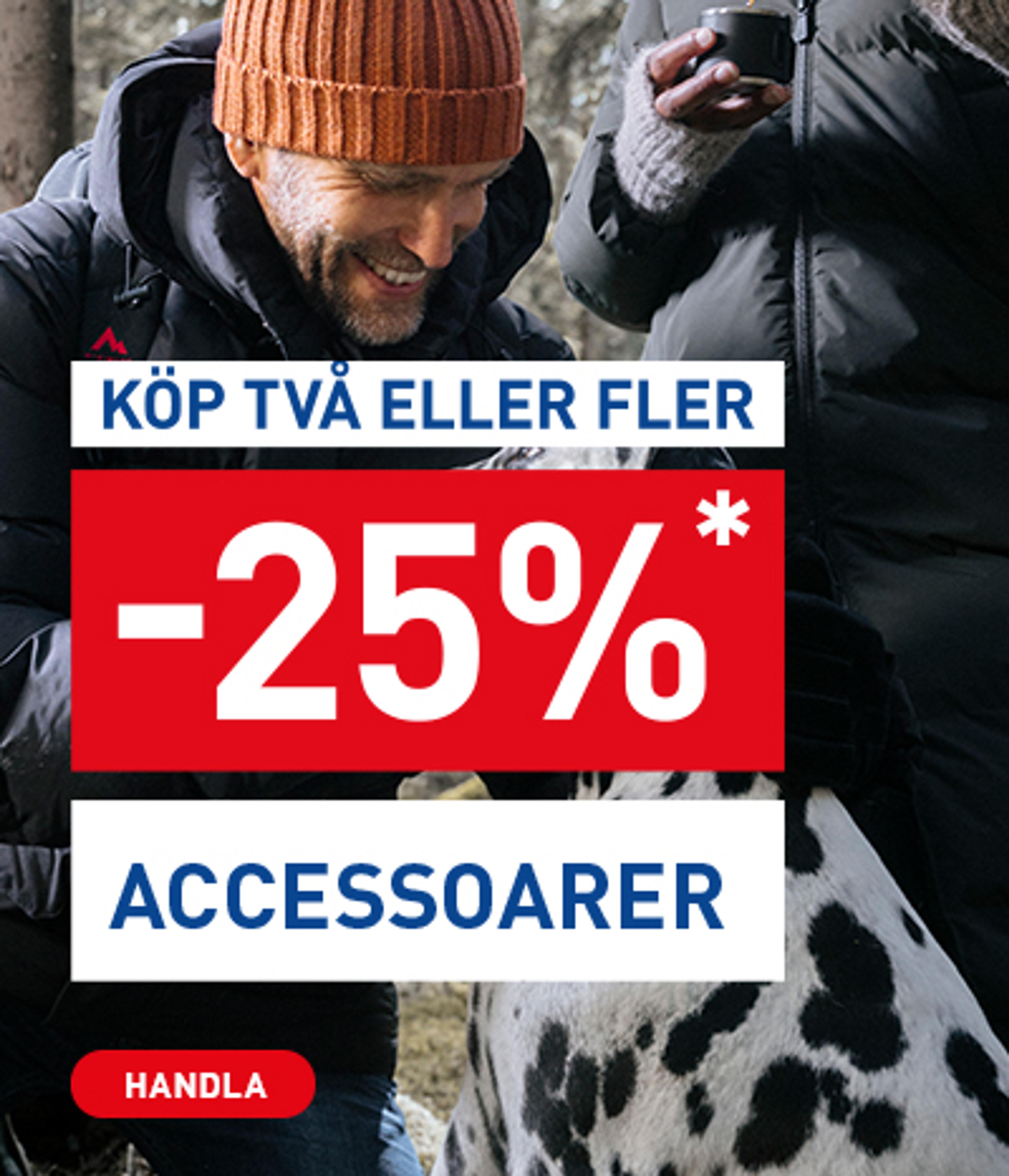 Advertisement: 25% off accessories when buying two or more. Features people in winter wear and a dog.