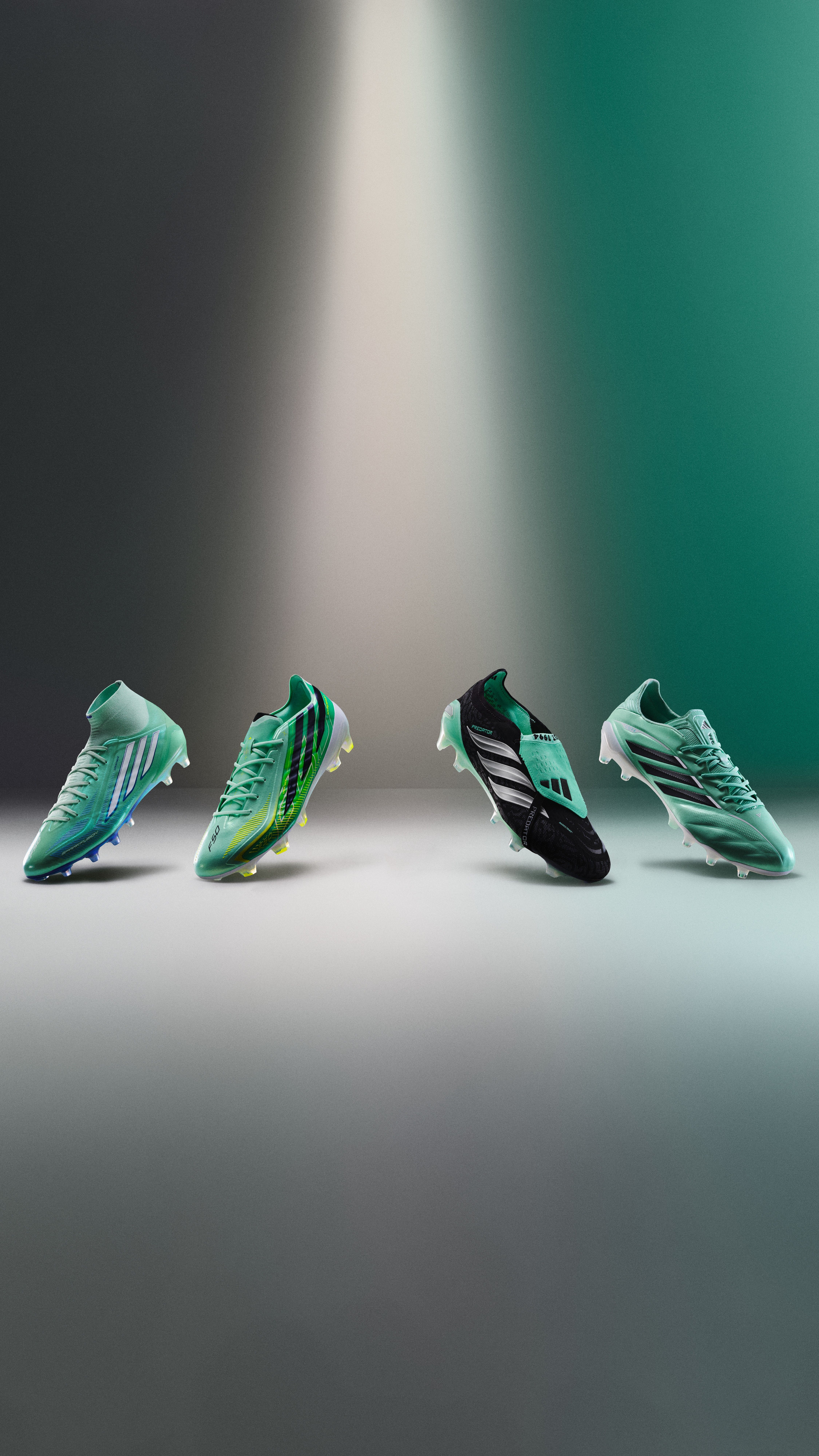 Three distinct mint green and black football boots floating against a gradient background.