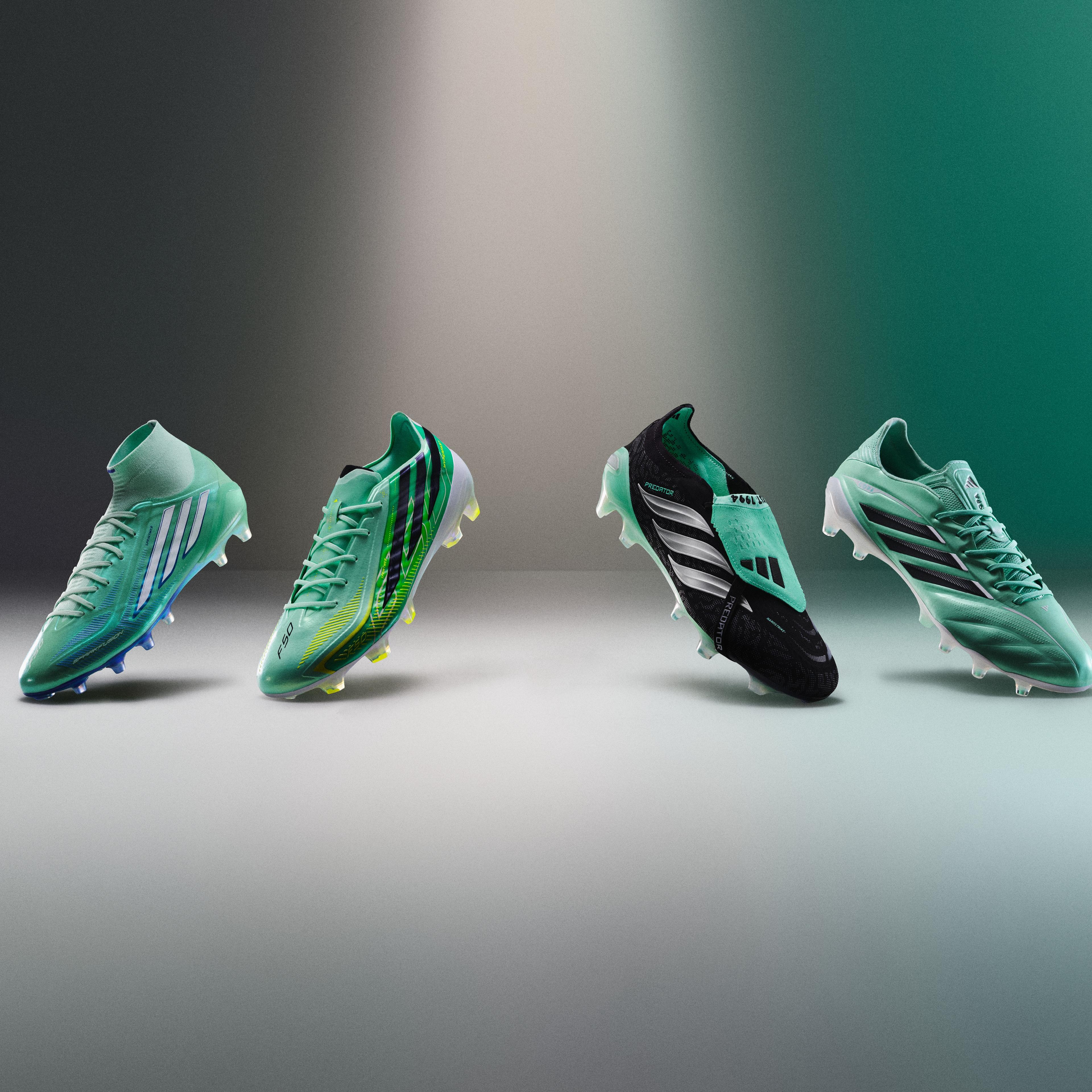 Three distinct mint green and black football boots floating against a gradient background.
