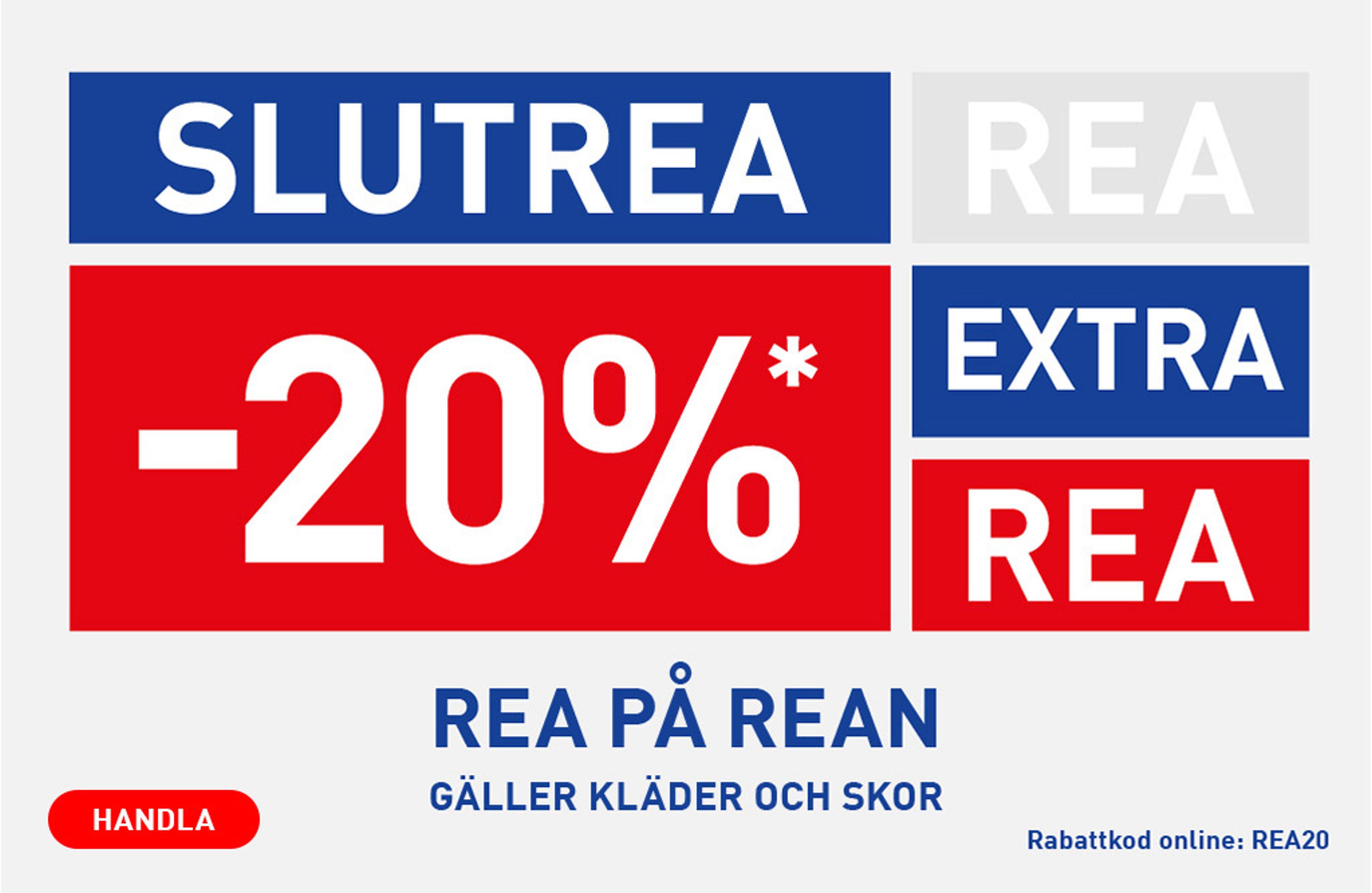 Swedish sale banner: Final Sale with an extra 20% off clothes and shoes. Online code REA20.