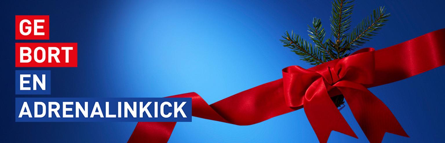Text "GEBORT EN ADRENALINKICK" on a blue background with a red ribbon and pine branch.
