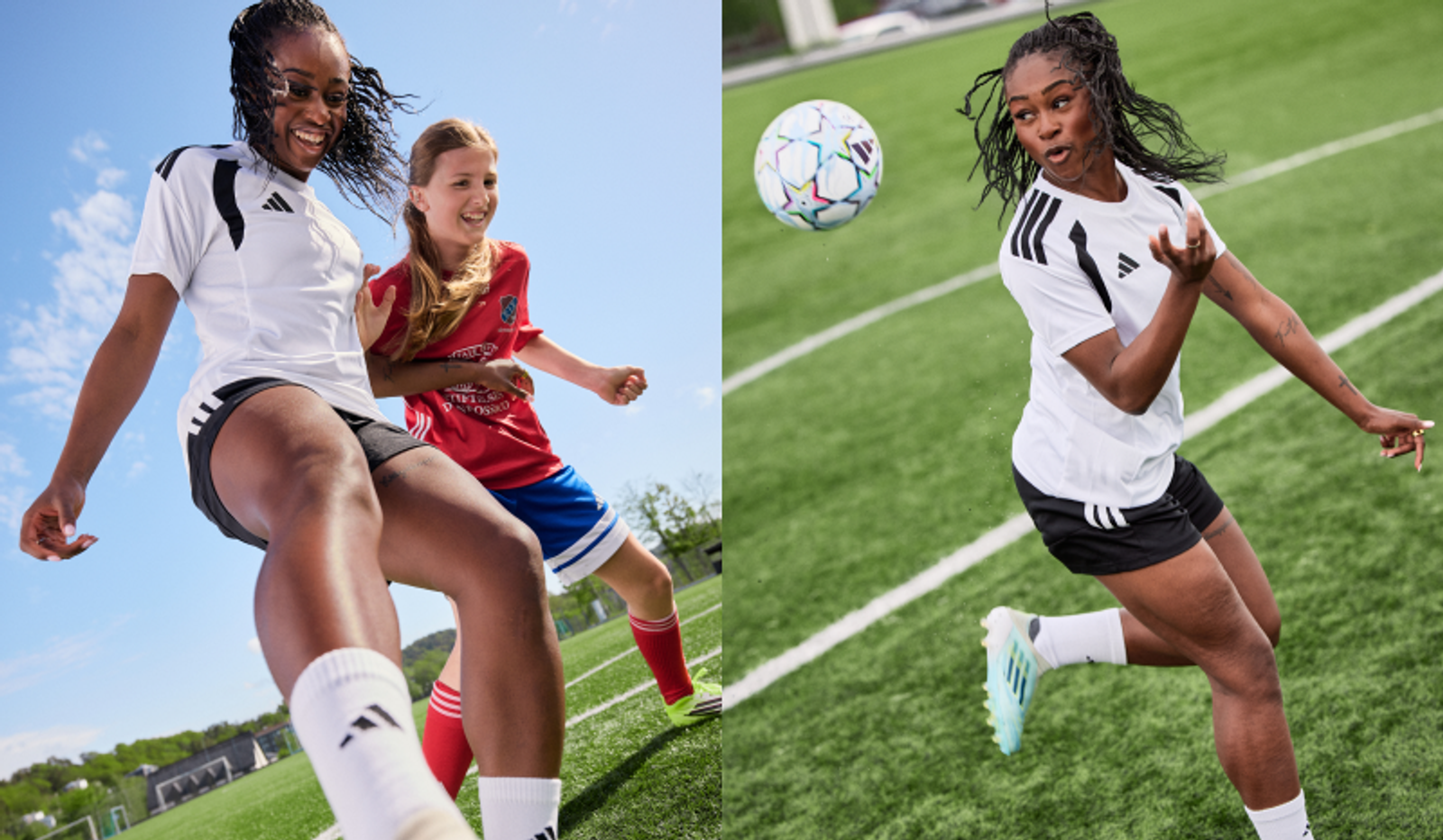 Female soccer player in two scenes: smiling with a young girl, and focused on a ball mid-air on a field.