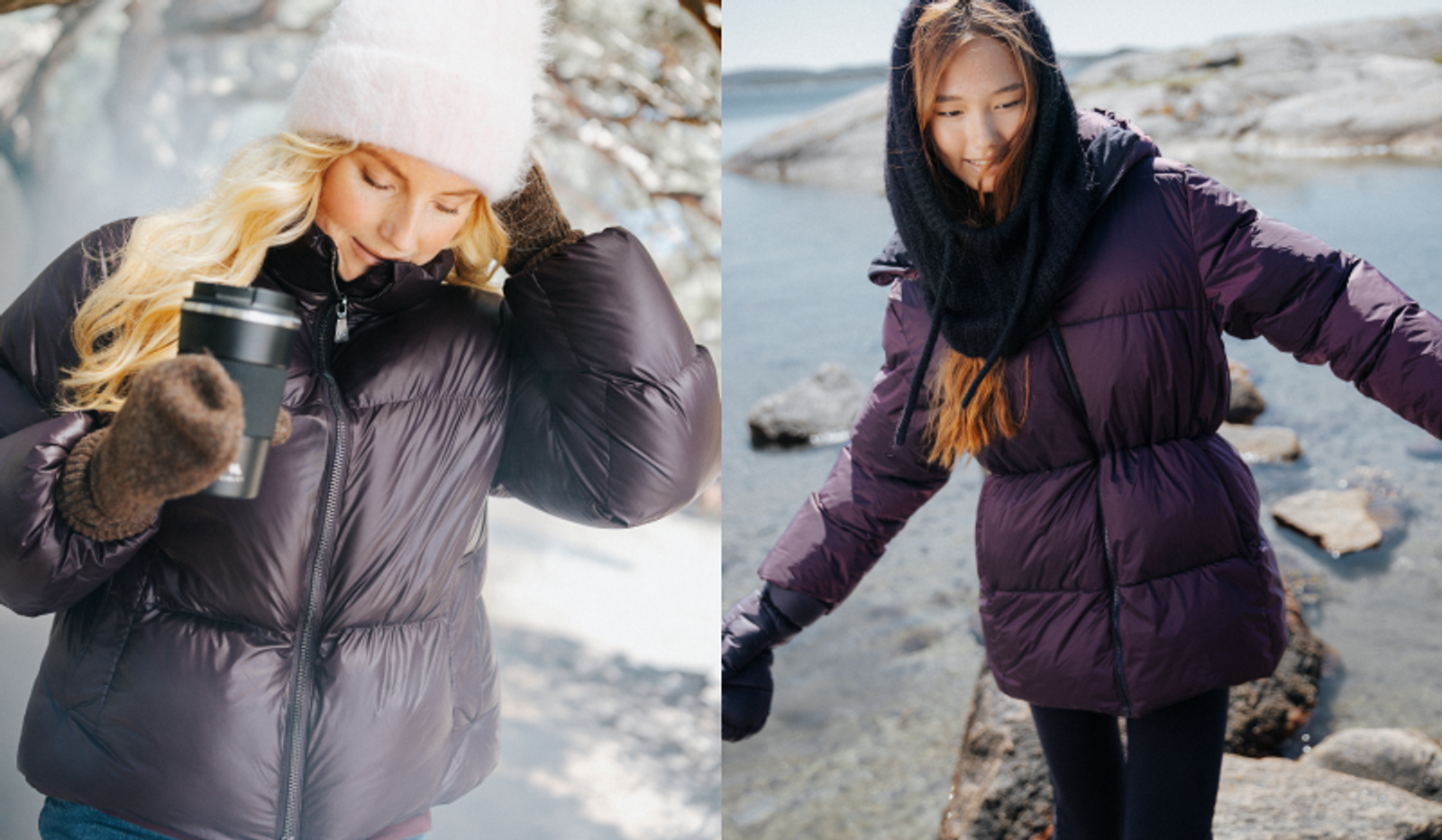 Two women wearing purple puffer jackets outdoors; one holds a coffee cup in a winter setting, the other walks on rocks by water.