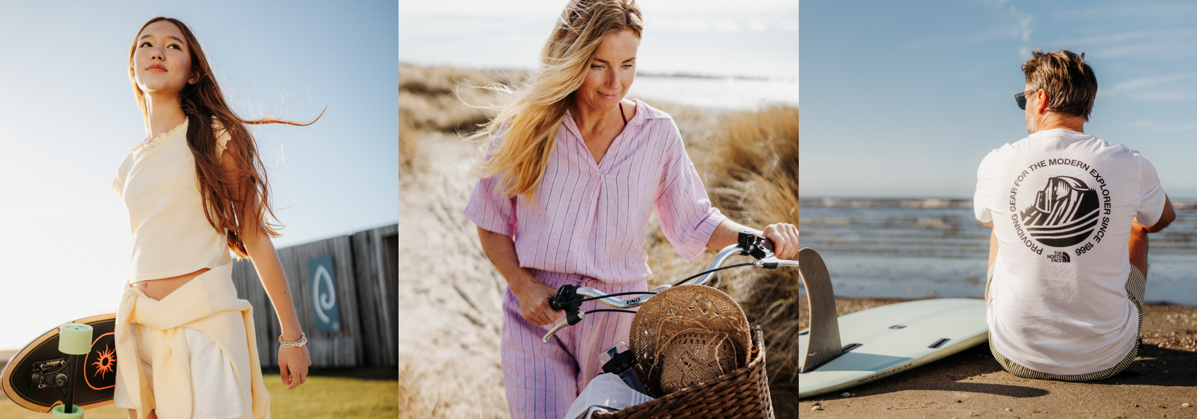 Three images: a young woman with a skateboard, a woman walking a bike on a sandy path, and a man with a surfboard by the ocean.