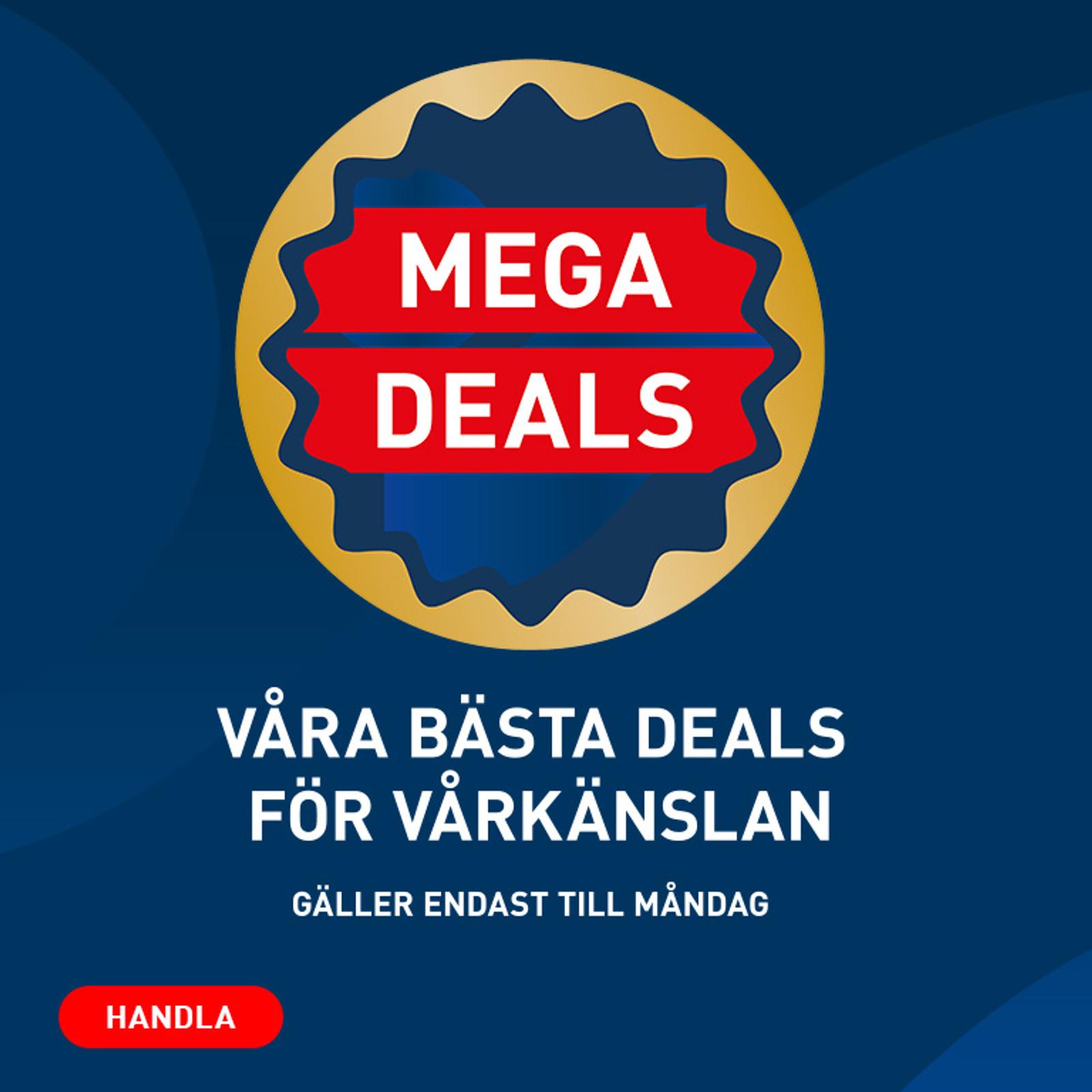 Promotional graphic for "Mega Deals" featuring "Our best deals for the spring feeling," valid until Monday, with a "Shop" button.