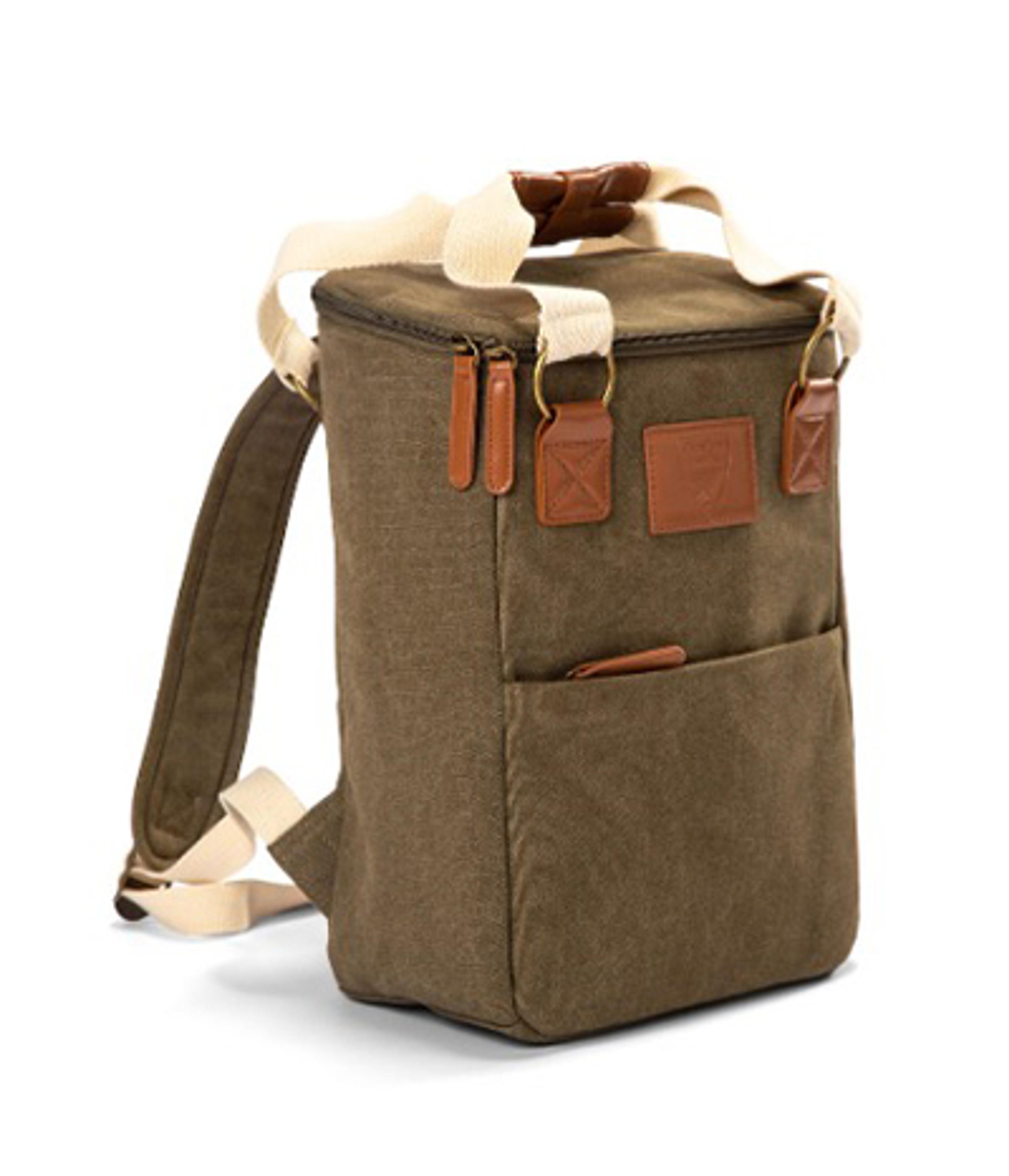 a brown backpack with a white strap and brown handles