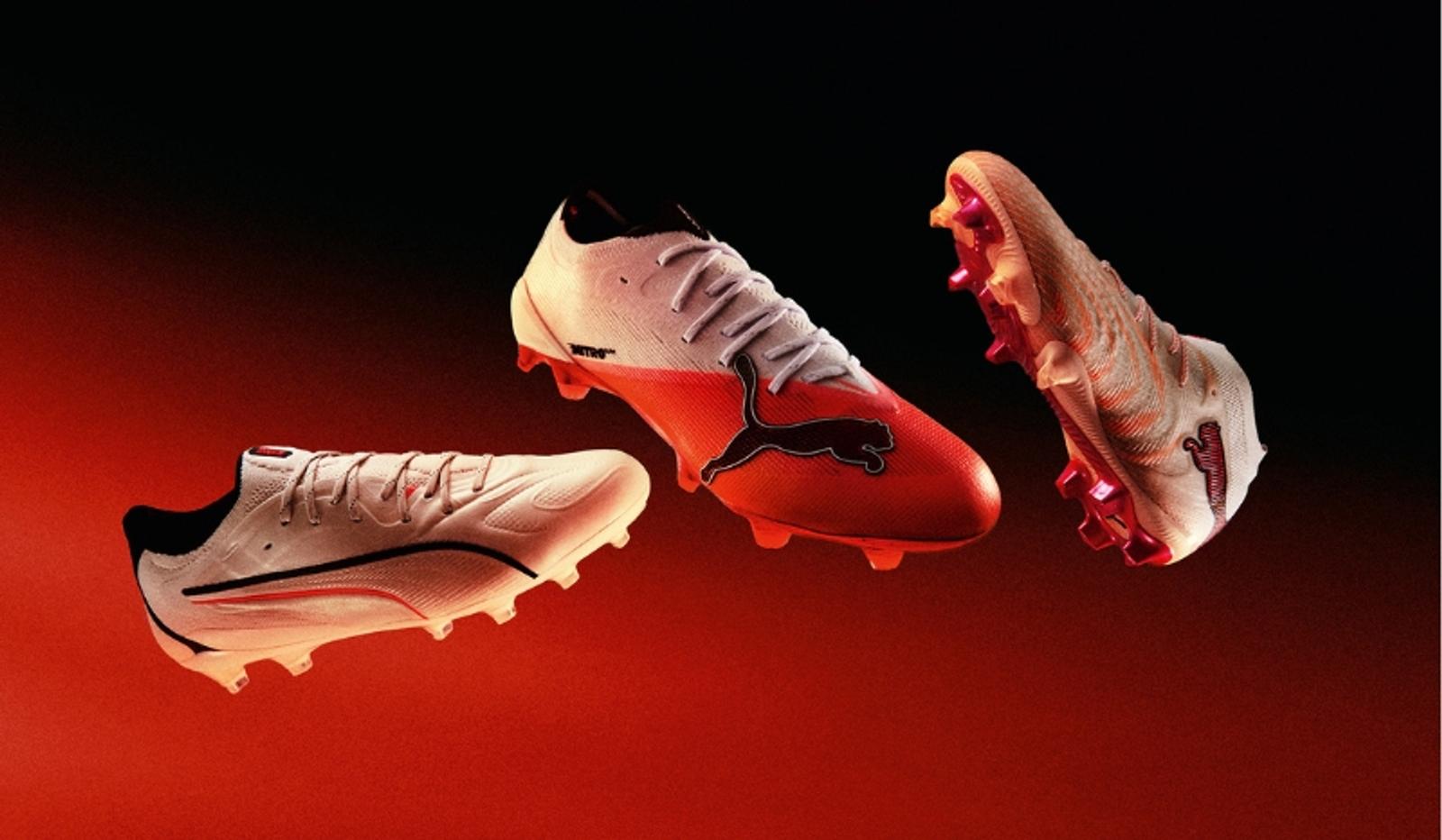 Three Puma soccer cleats in white, red, and black floating against a gradient background.