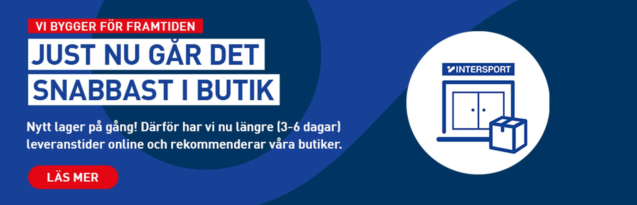 Intersport banner: Fastest service in-store, 3-6 day online delivery due to new warehouse. Icon of Intersport store and package.