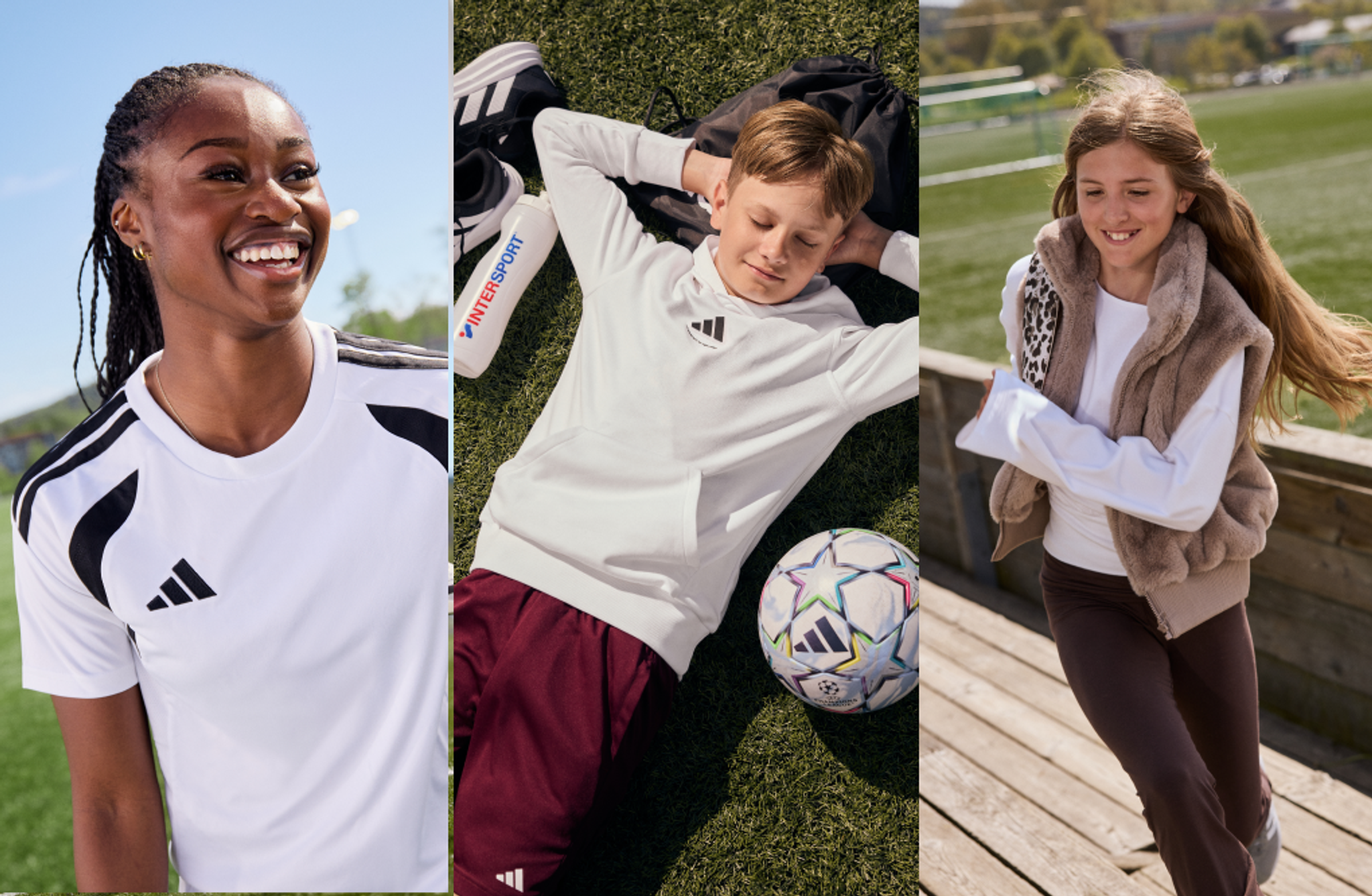 Three smiling individuals in Adidas sportswear in outdoor settings: a woman, a boy with a soccer ball, and a girl.