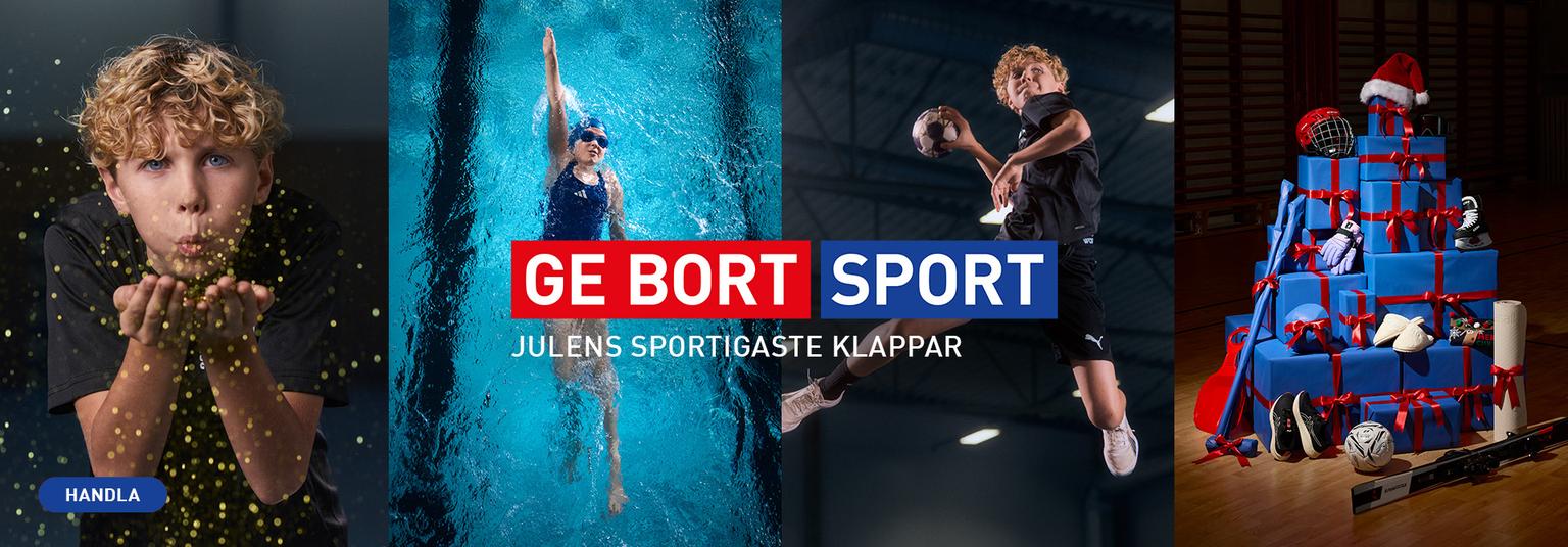 Collage promoting sports gifts for Christmas, featuring a boy blowing glitter, athletes, and a Christmas tree made of blue gift boxes with sports gear. Text: 'GE BORT SPORT JULENS SPORTIGASTE KLAPPAR' (Give Away Sport, Christmas' Sportiest Gifts).