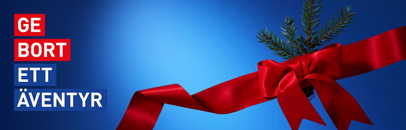 Swedish text "GE BORT ETT ÄVENTYR" (Give away an adventure) on a blue background, decorated with a red bow and pine branch.