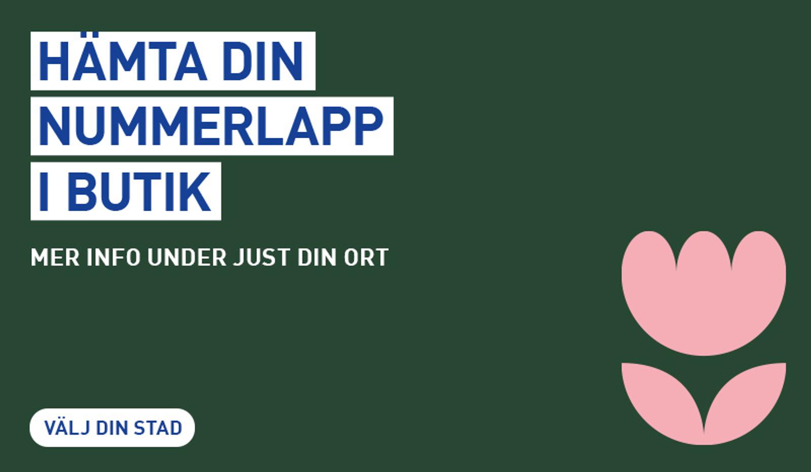 Dark green graphic with white text: "Get your bib number in store," "More info under your specific location," and a "Choose your city" button. A pink stylized flower is on the right.