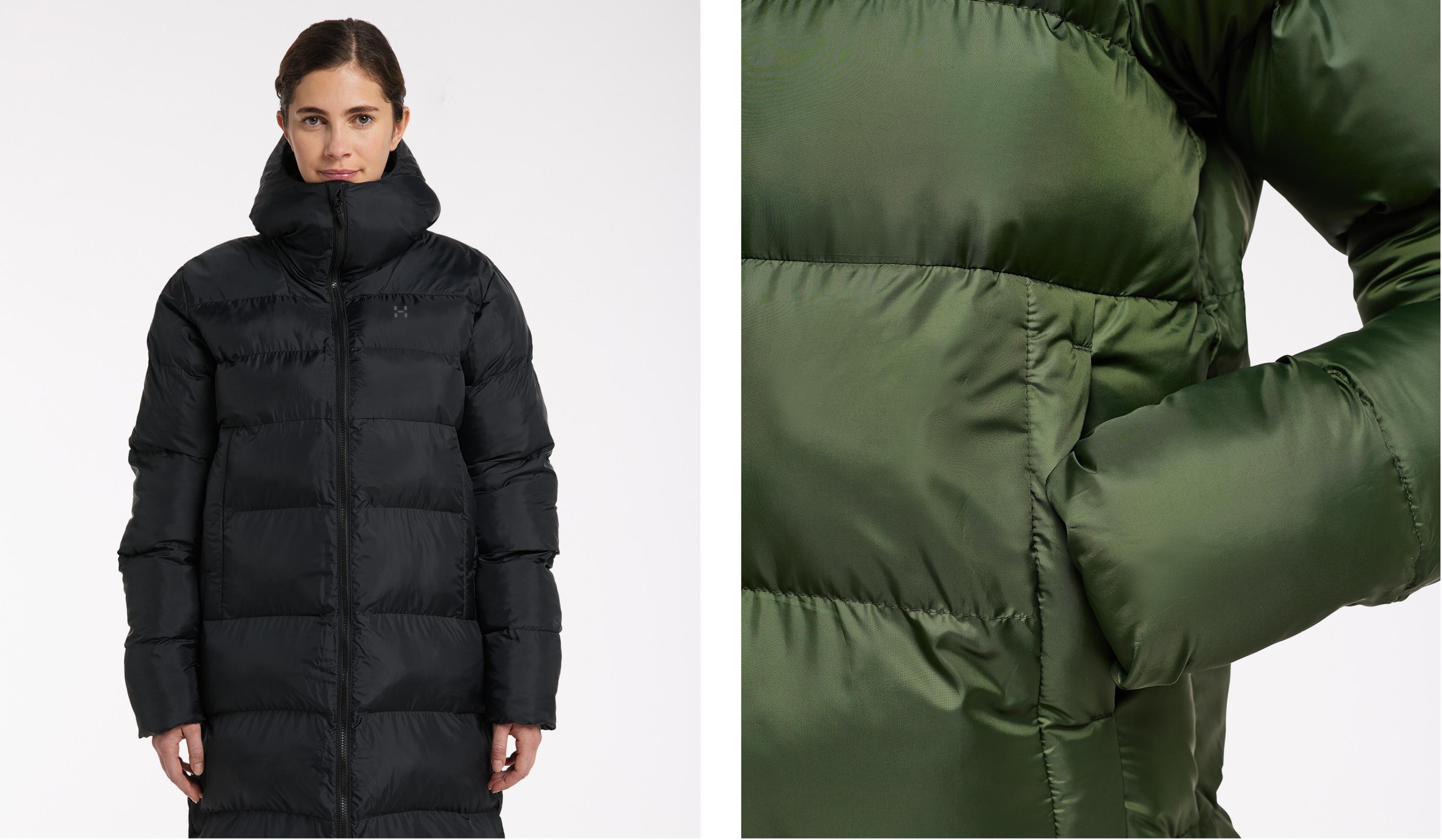 a woman is wearing a black puffer jacket and a green puffer jacket .